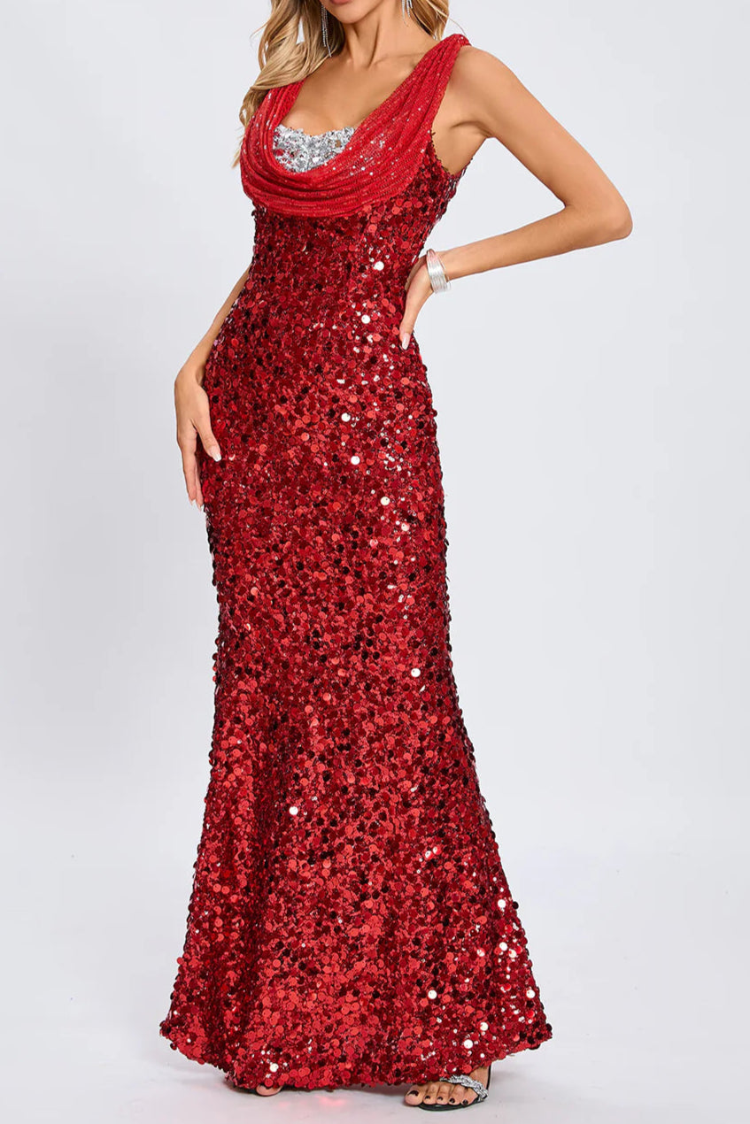 BASIA SLEEVELESS SEQUIN RED MAXI DRESS