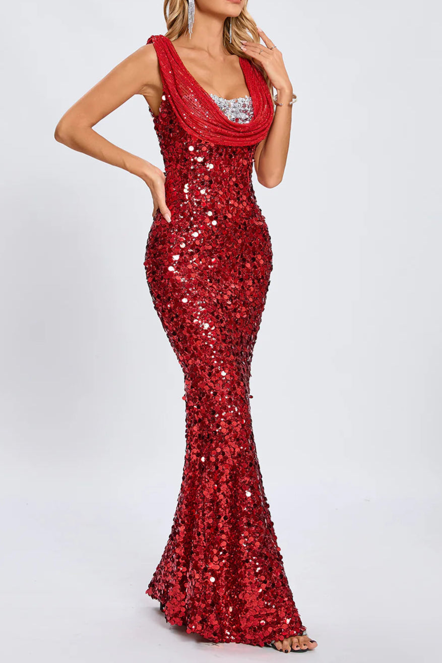BASIA SLEEVELESS SEQUIN RED MAXI DRESS