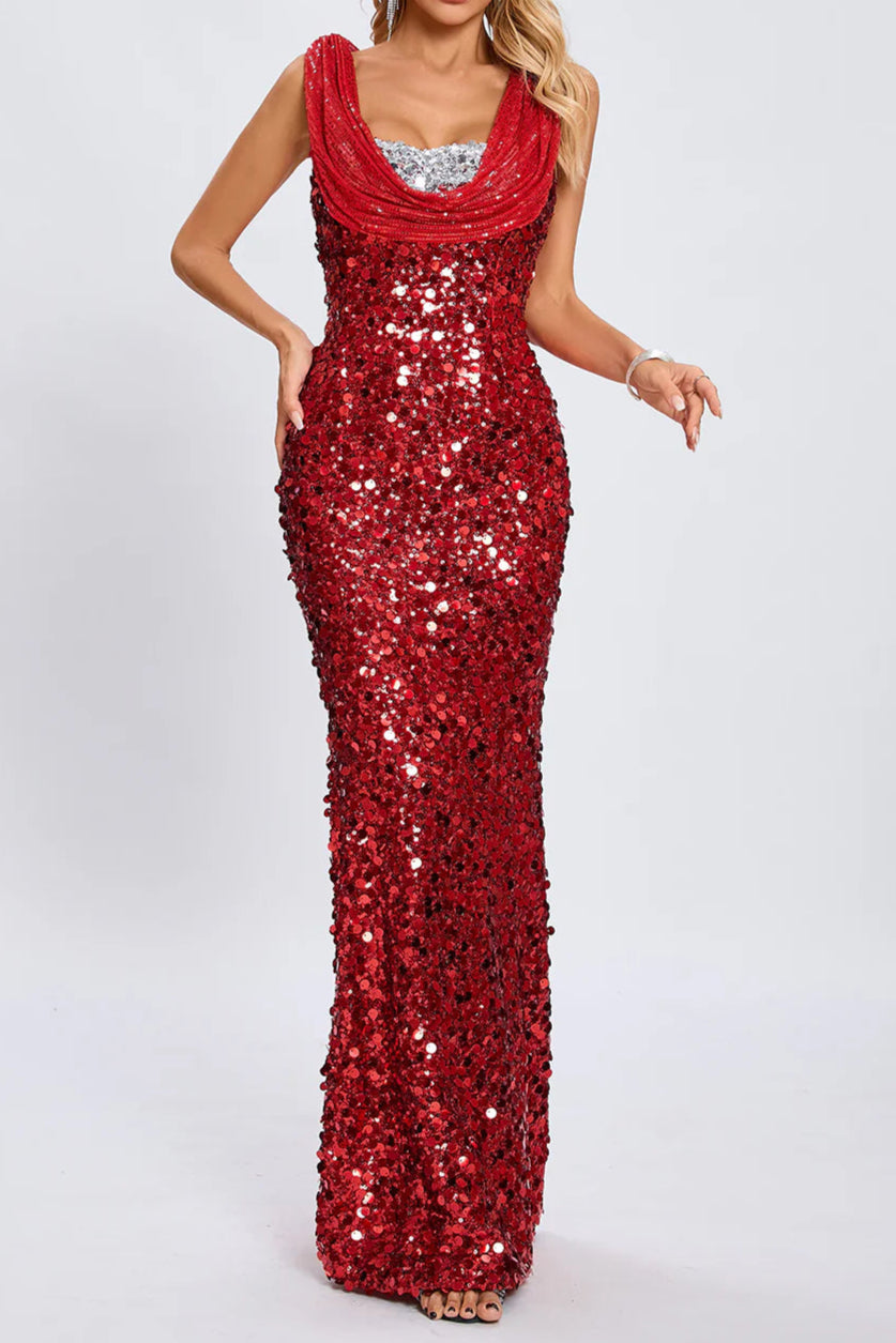 BASIA SLEEVELESS SEQUIN RED MAXI DRESS