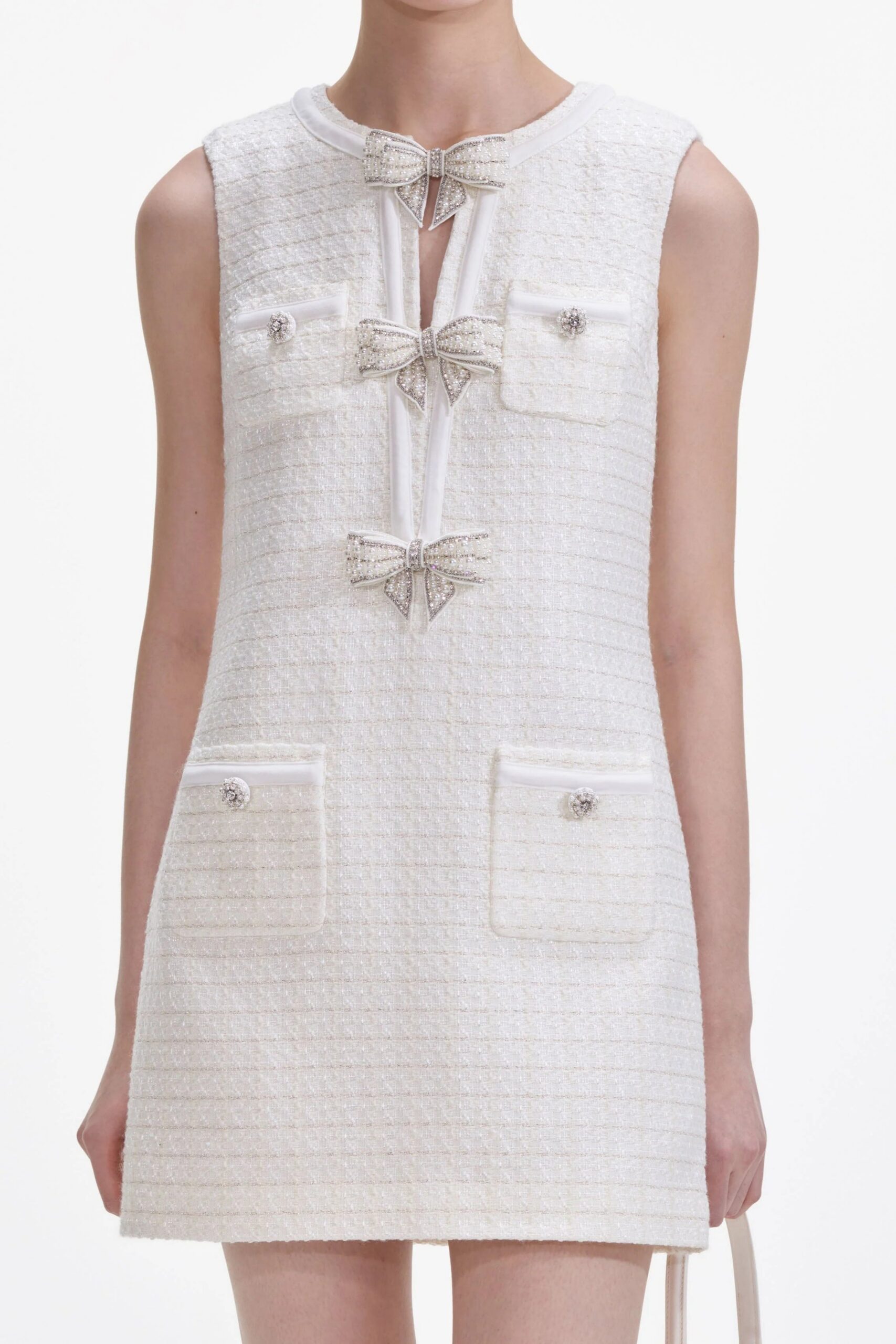 CREAM BOUCLE BOW MINI DRESS FOR COCKTAIL