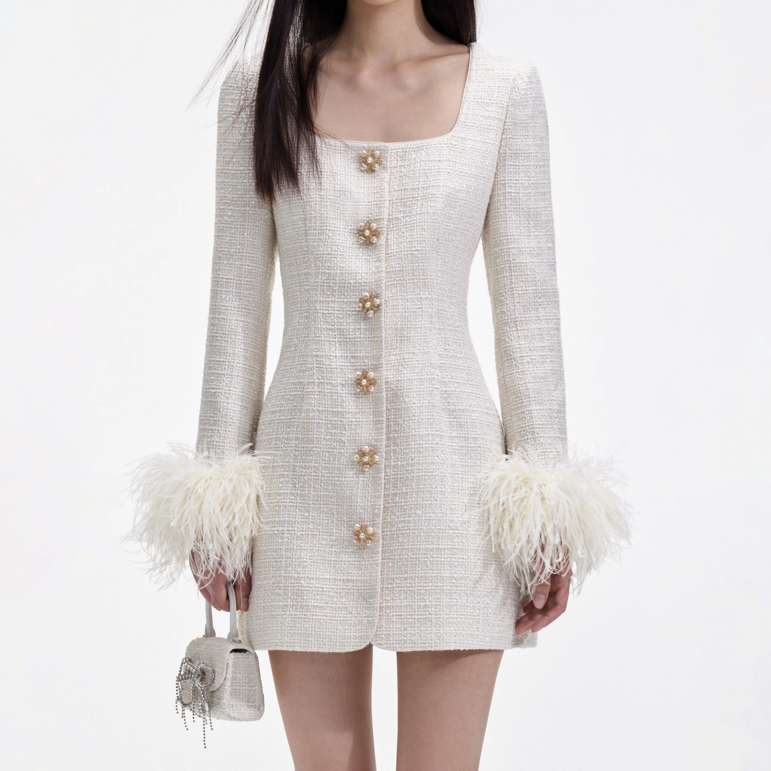 CREAM BOUCLE FEATHER MINI DRESS FOR PARTY