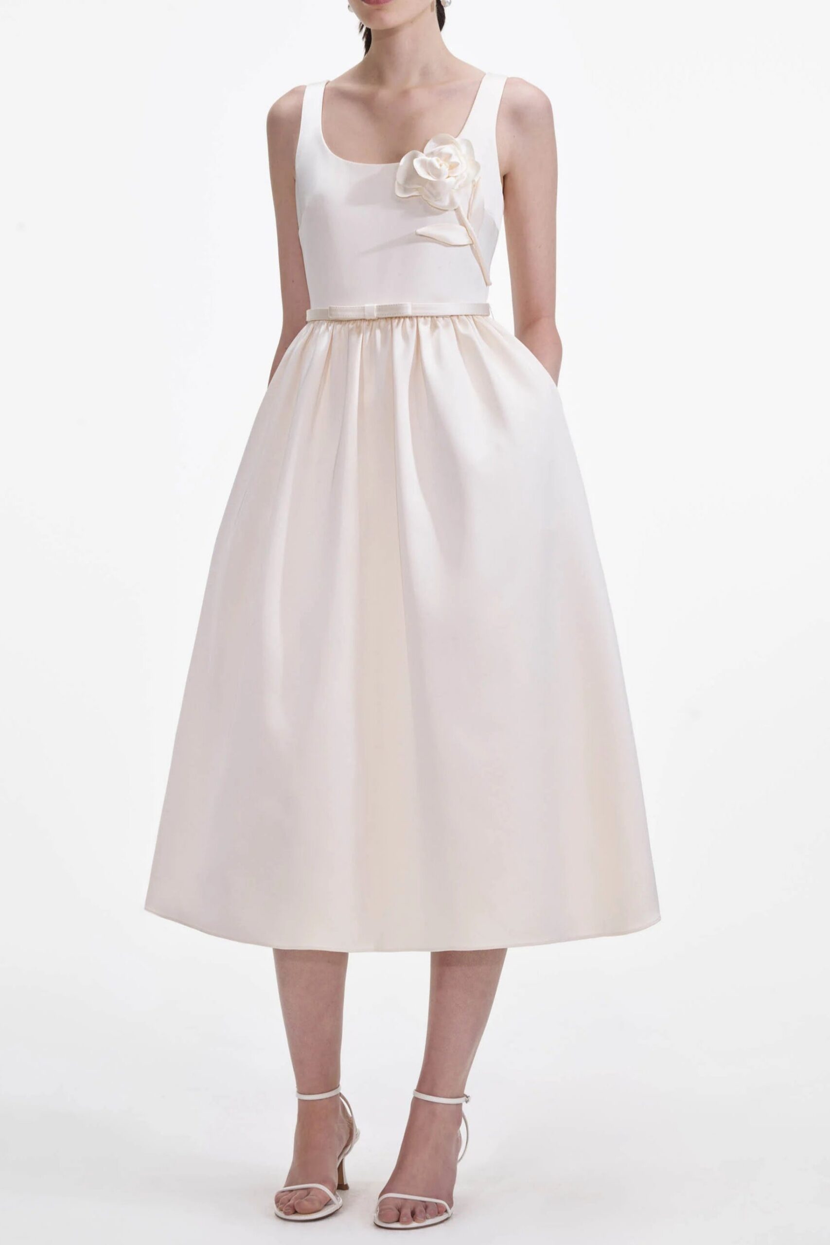 CREAM SATIN FLOWER MIDI DRESS FOR WEDDING GUEST