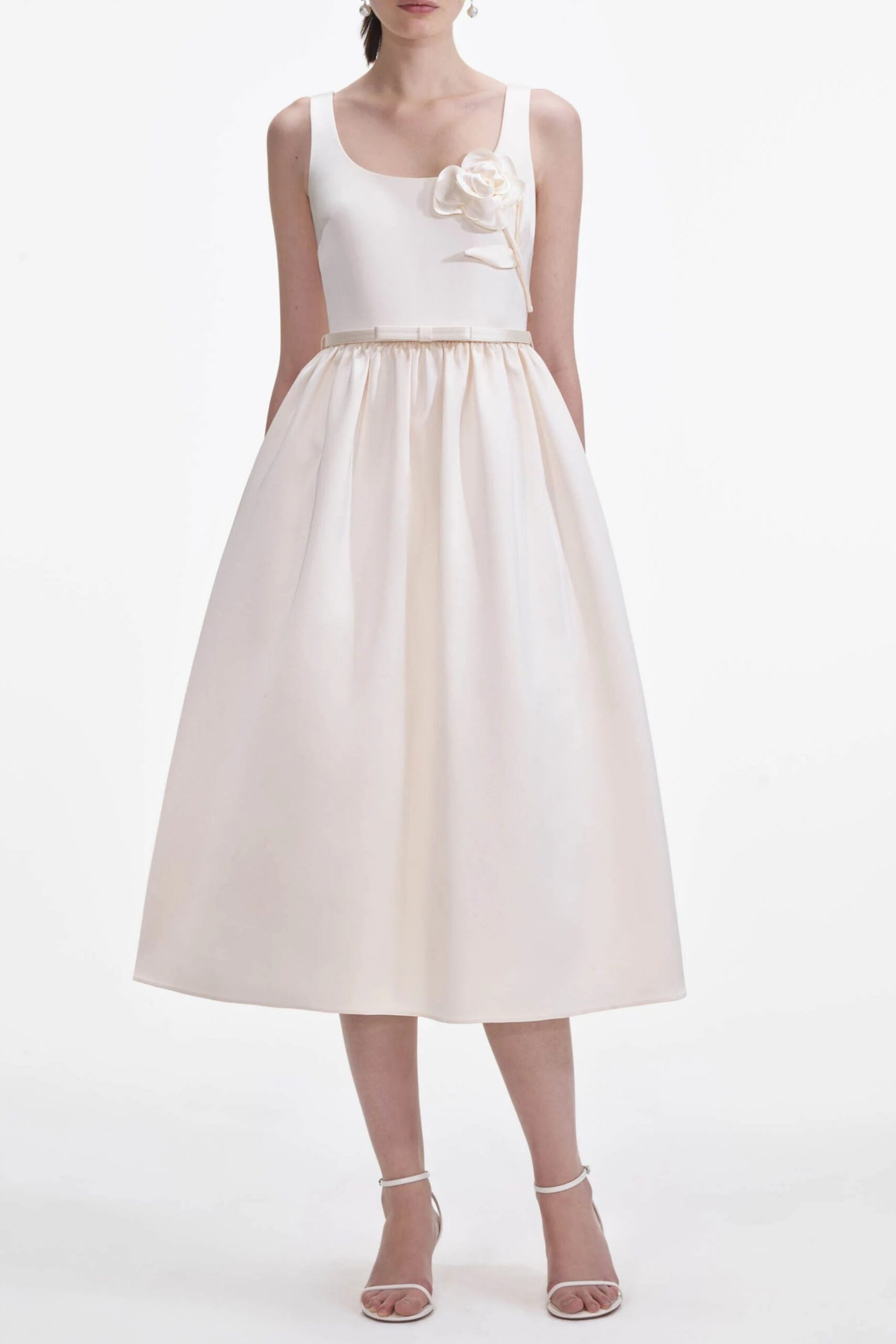 CreamSatinFlowerMidiDress_1 CREAM SATIN FLOWER MIDI DRESS FOR WEDDING GUEST