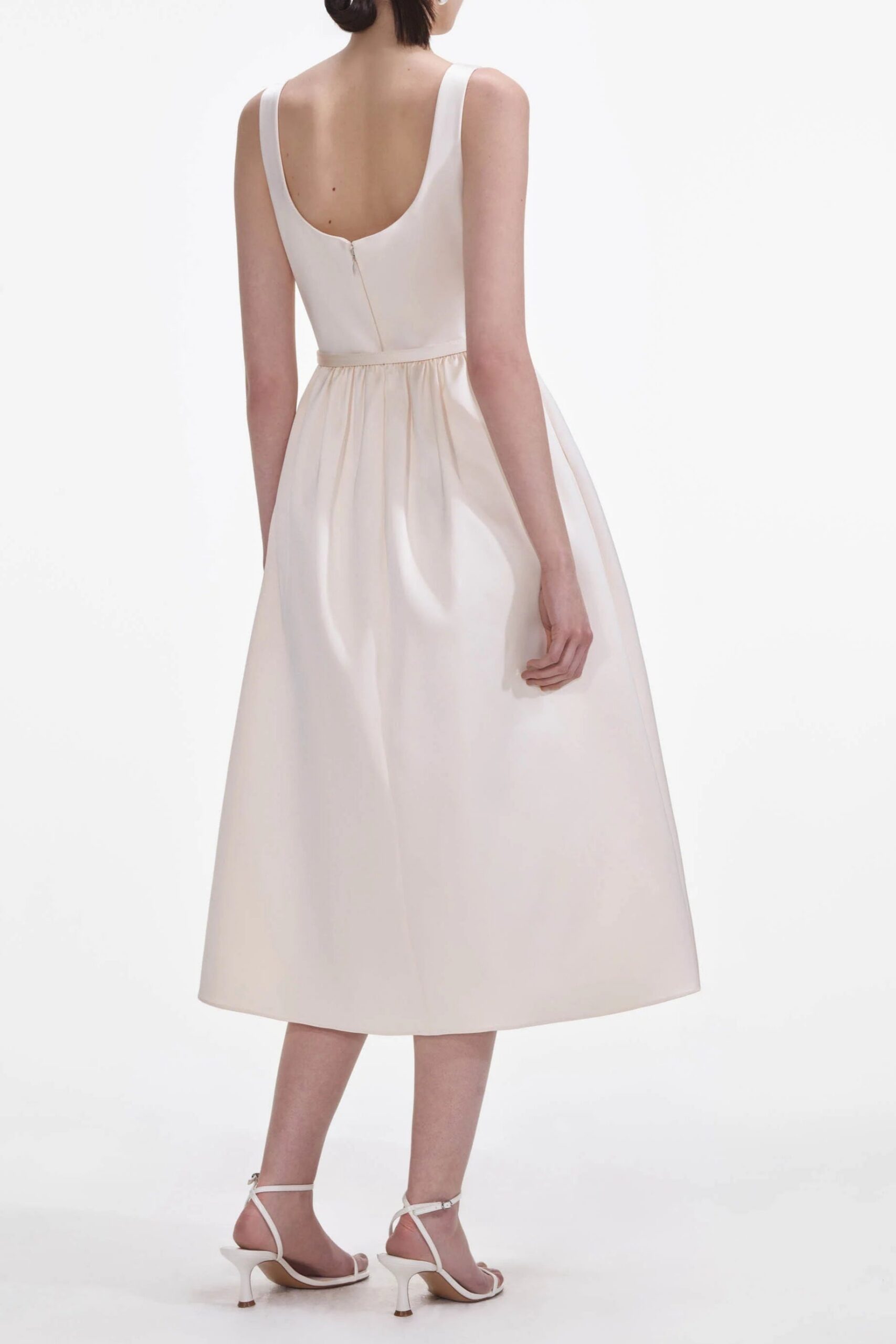 CREAM SATIN FLOWER MIDI DRESS FOR WEDDING GUEST
