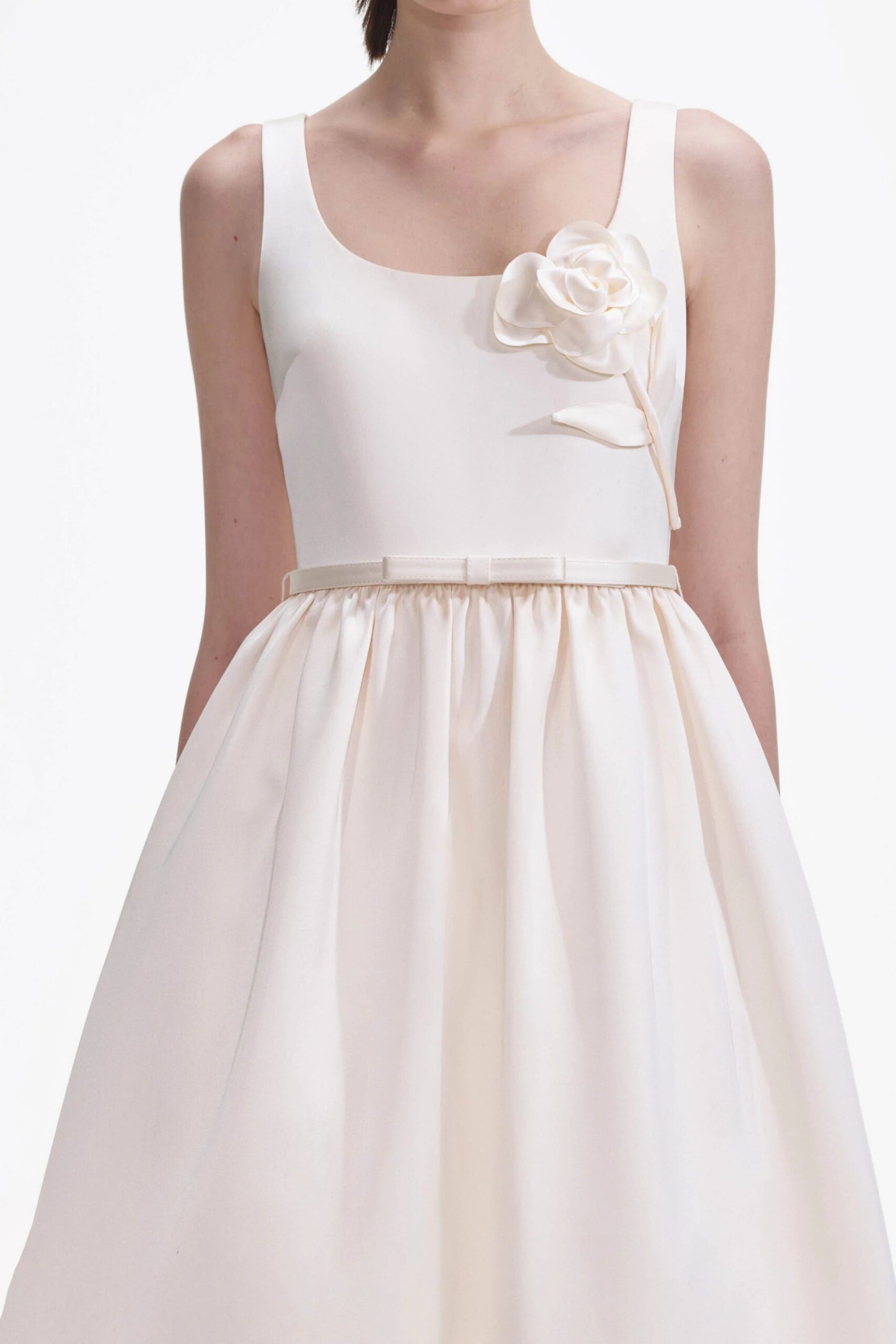 CREAM SATIN FLOWER MIDI DRESS FOR WEDDING GUEST