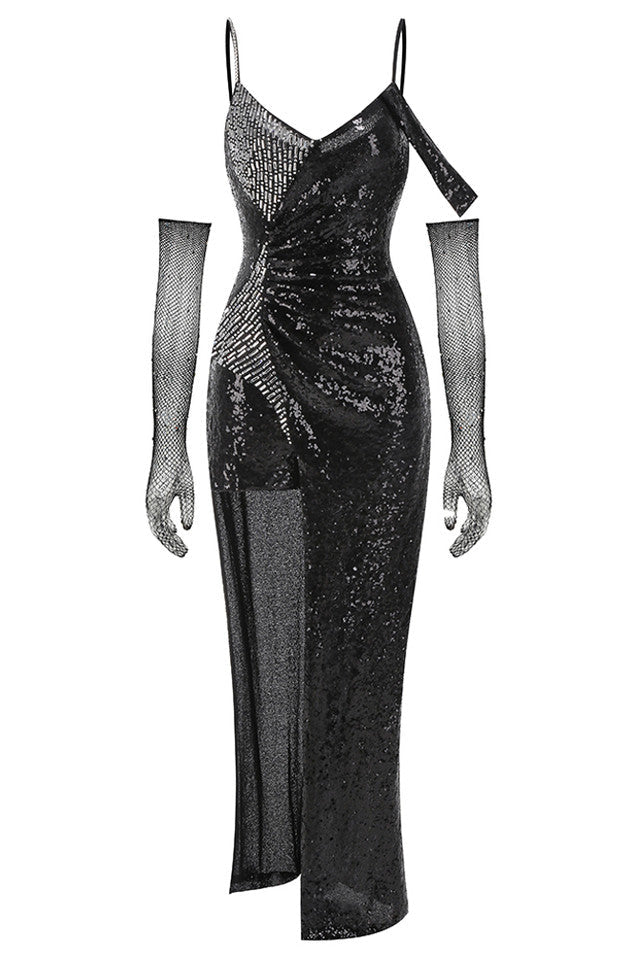 ASHLEY SEQUIN STRAP MAXI DRESS BLACK