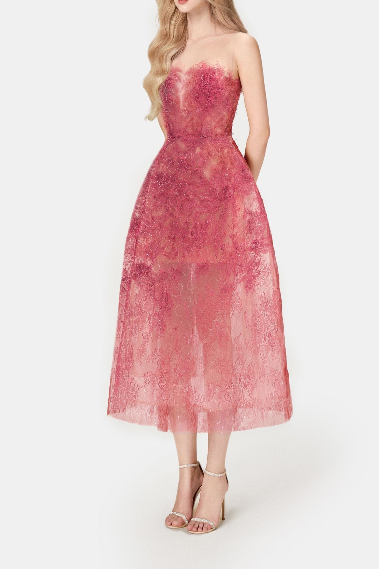 RED BEADED LACE COCKTAIL DRESS