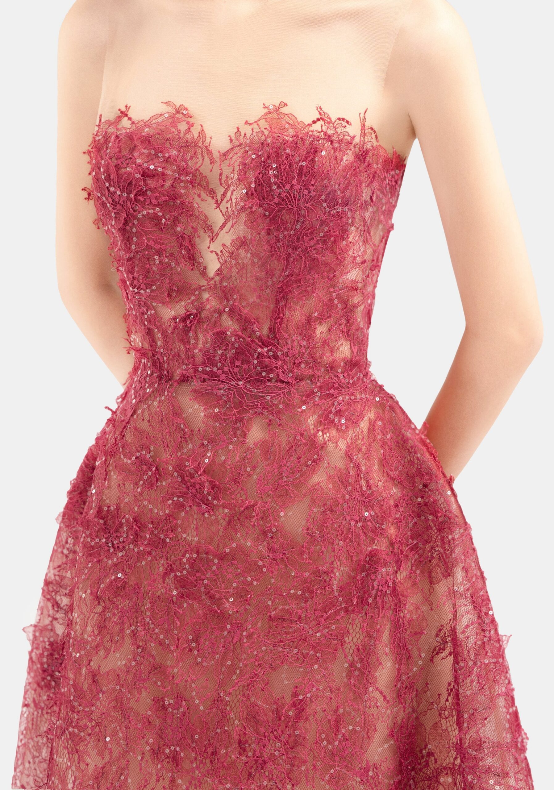 RED BEADED LACE COCKTAIL DRESS