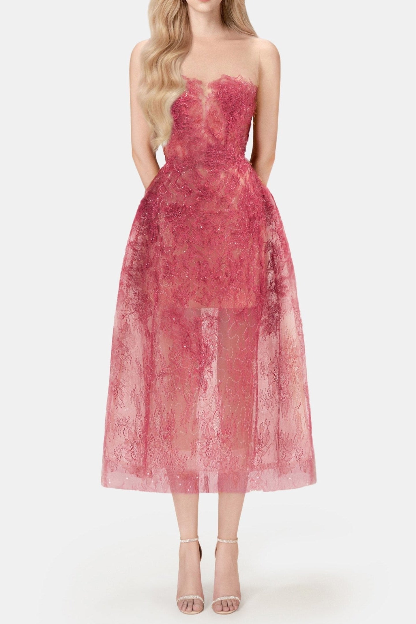RED BEADED LACE COCKTAIL DRESS