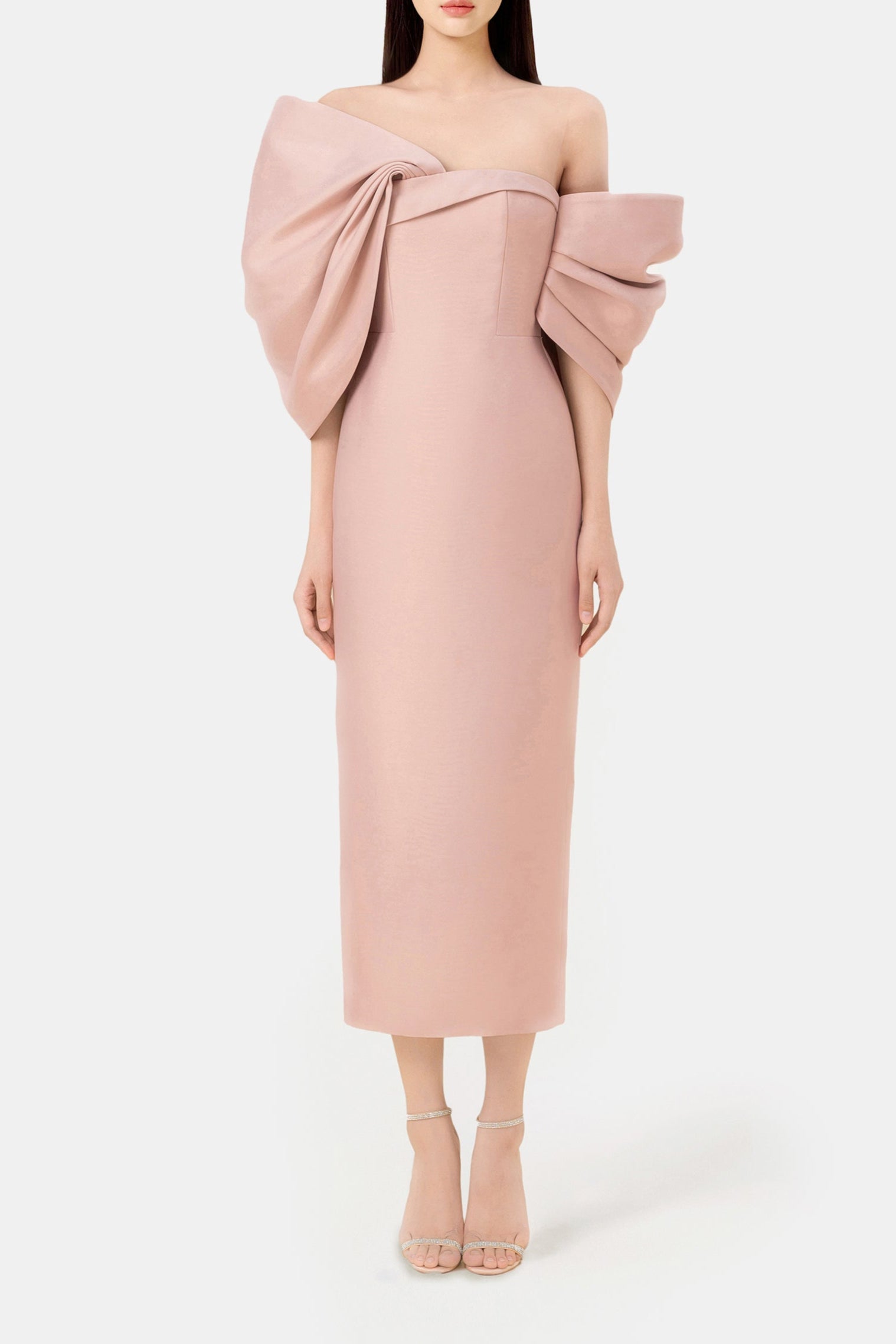 D167H3 PINK BIG BOW MIDI DRESS FOR PARTY