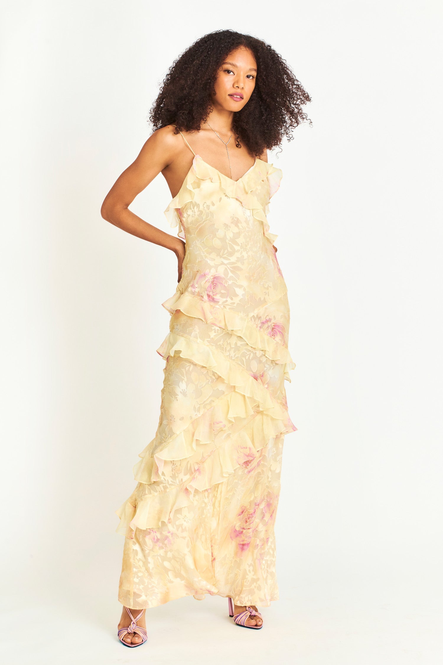 YELLOW RUFFLE FLORAL CHIFFON MAXI DRESS FOR WEDDING