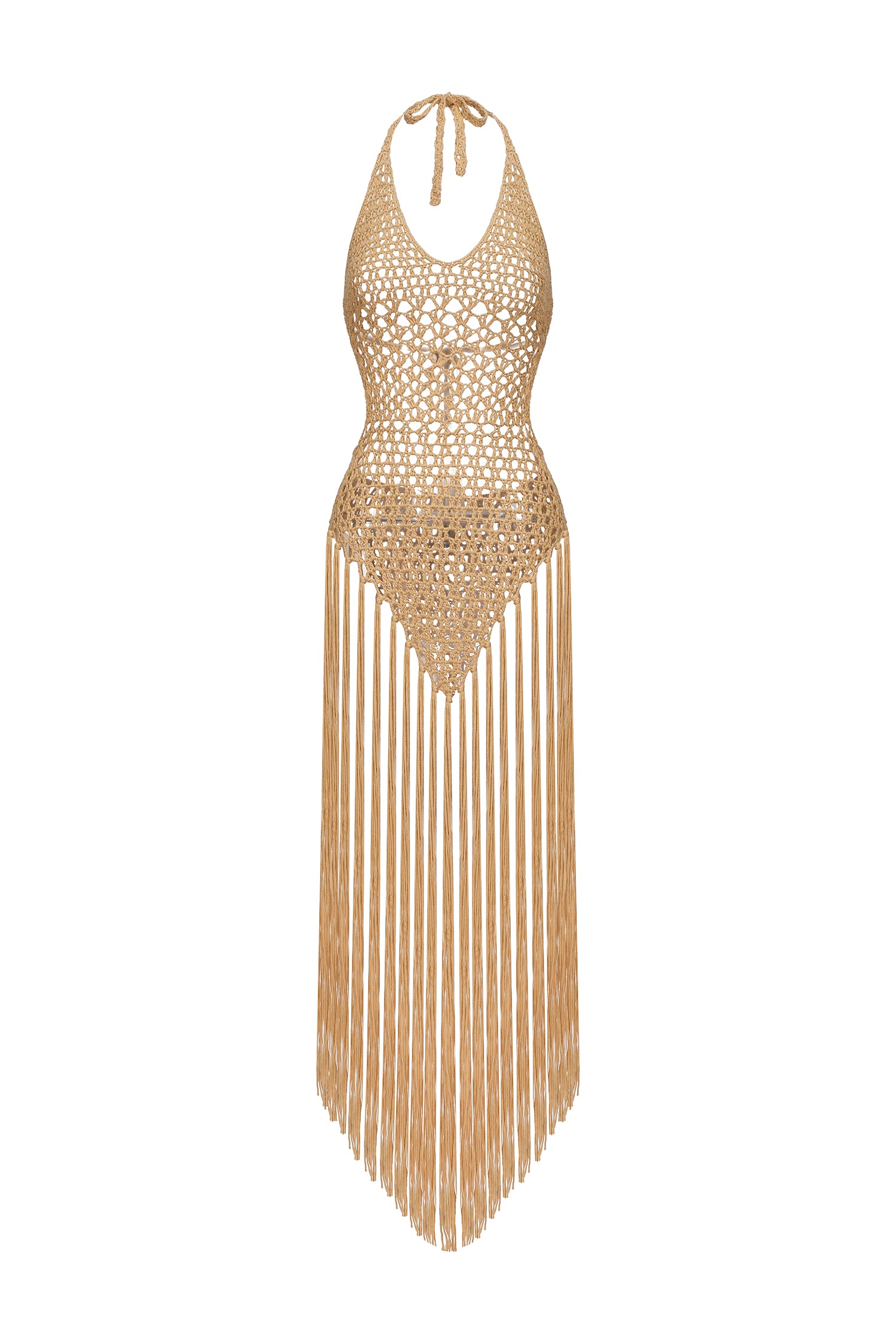 KHAKI CROCHET HALTER FRINGE BEACH COVER-UP DRESS