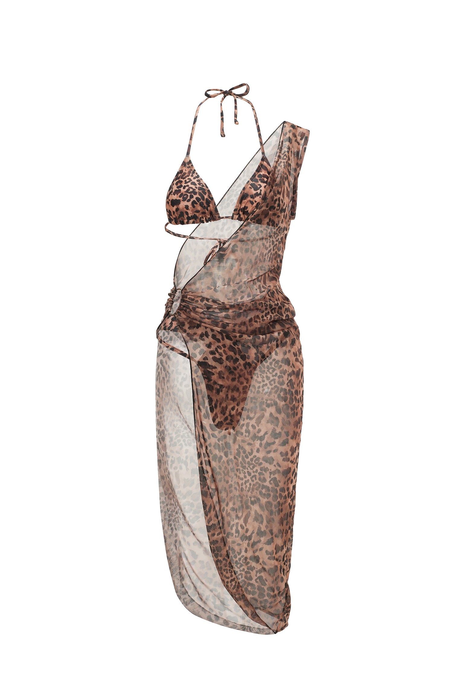 LEOPARD TRIANGLE BIKINI & MESH COVER-UP DRESS SET