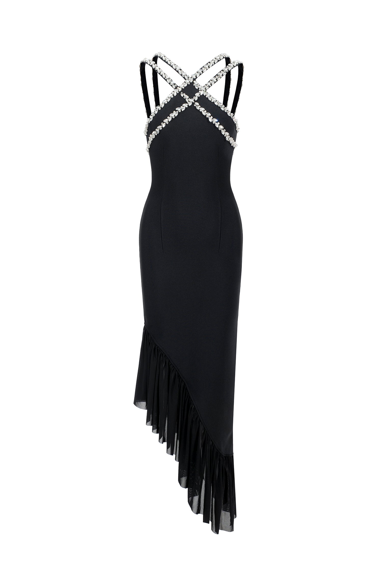 BLACK RHINESTONE HALTER BANDAGE MIDI DRESS
