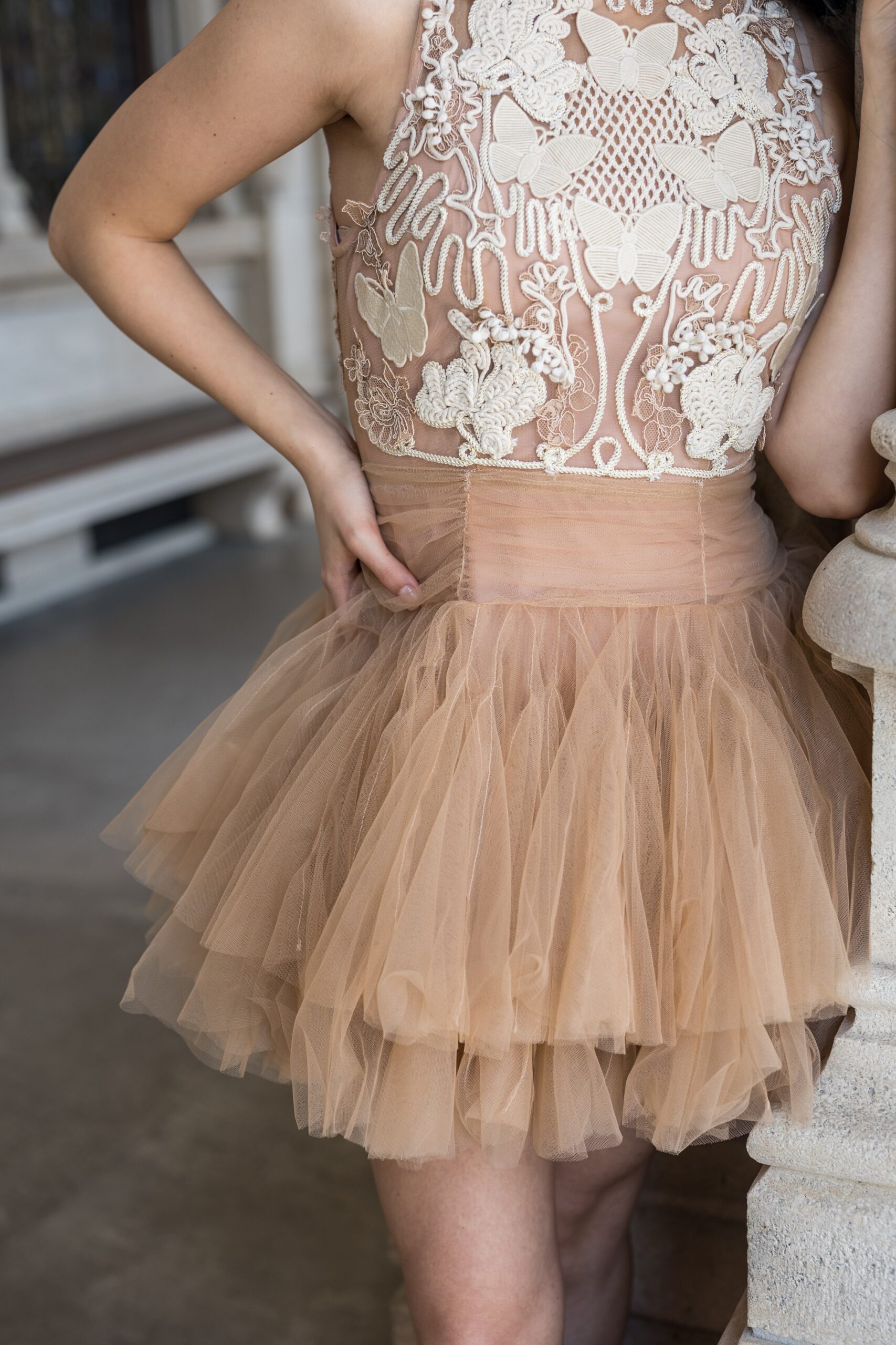 BEIGE BALLERINA TULLE MINI DRESS 3D APPLIQUE