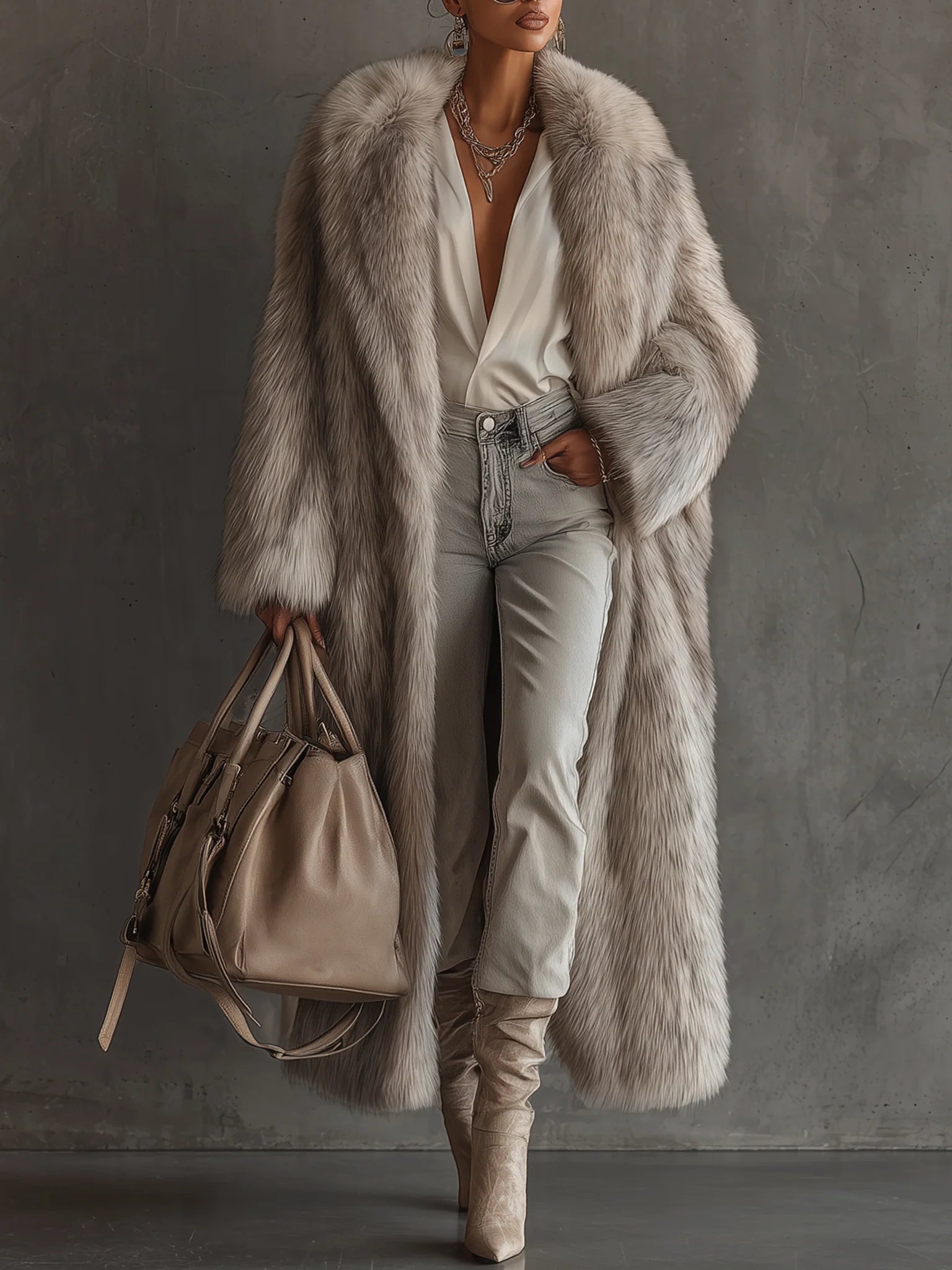 GRAY GRADIENT FAUX FUR COAT FOR WINTER PARTY