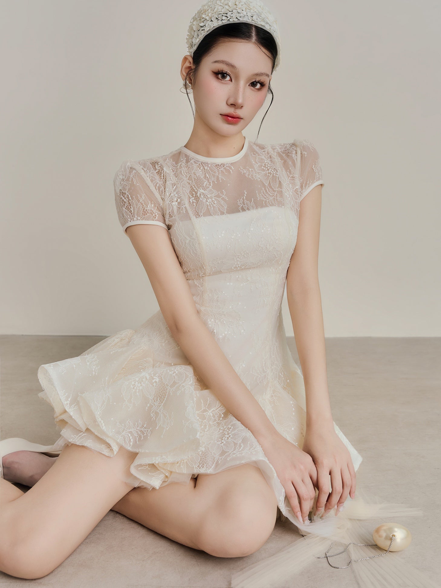 KELLY SEQUIN PUFFY MINI DRESS IN WHITE