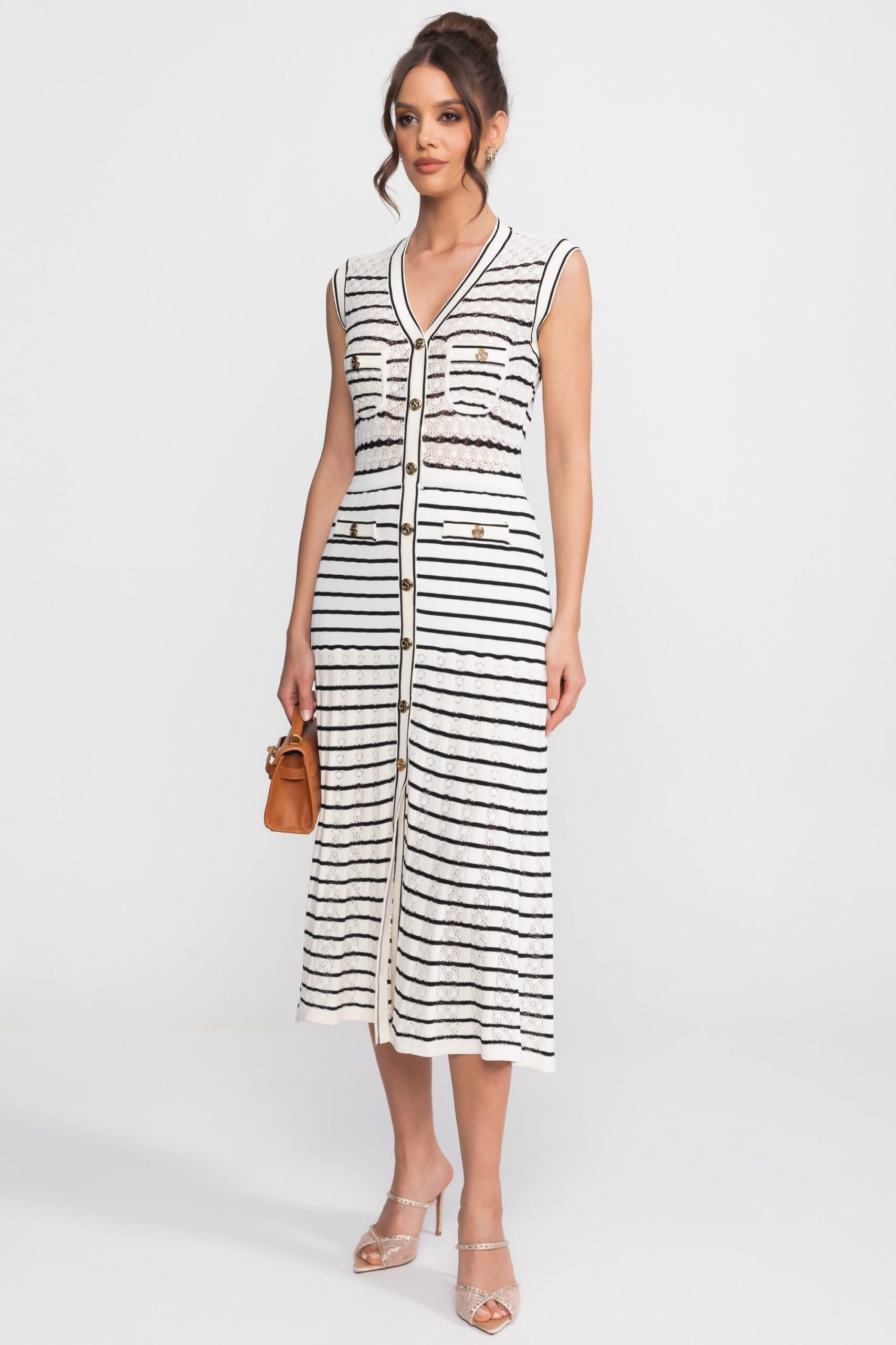 STRIPED V-NECK SLEEVELESS KNIT MIDI DRESS