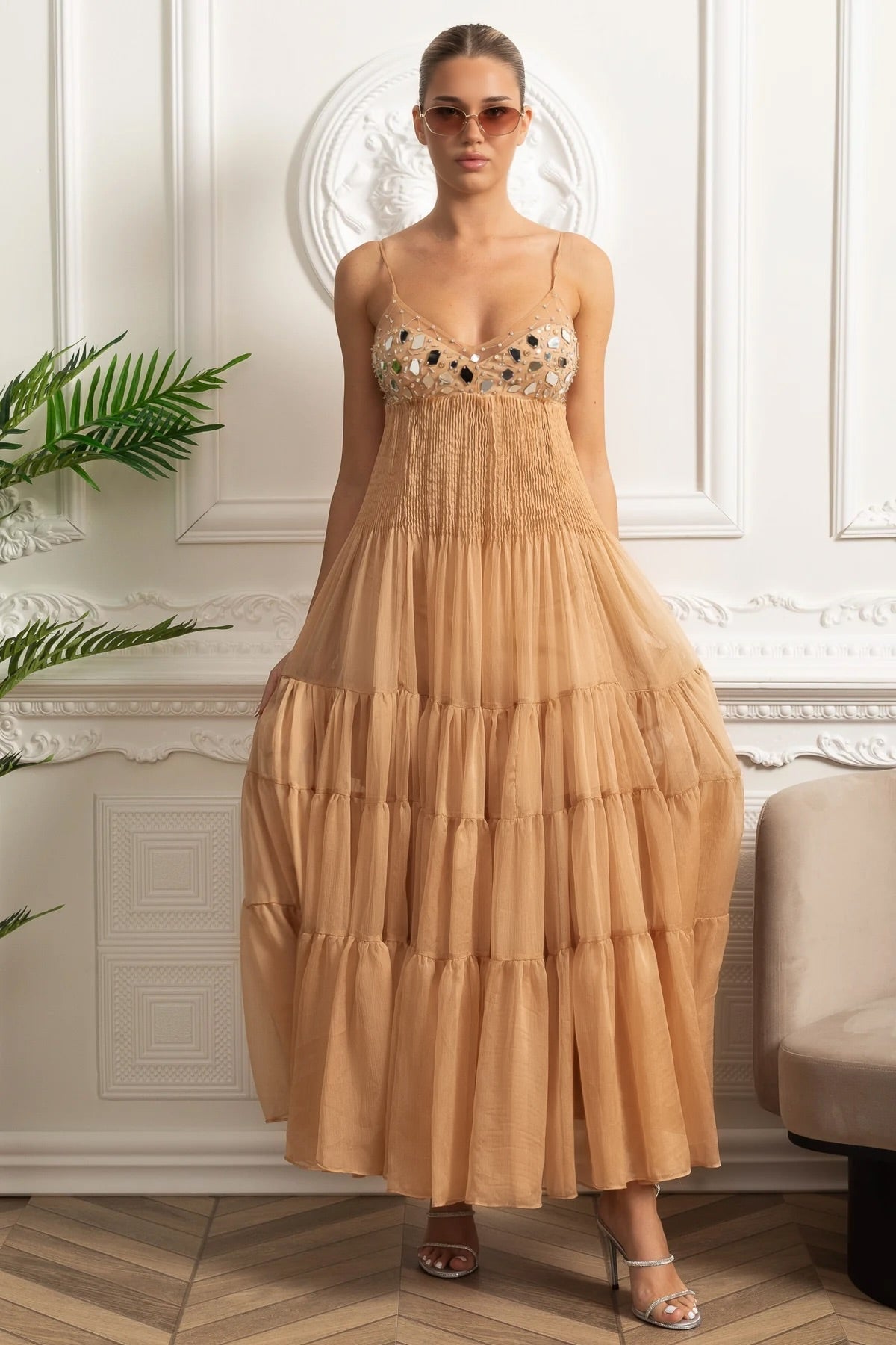 HELEN RHINESTONE BEADED PLEATED MAXI DRESS BEIGE