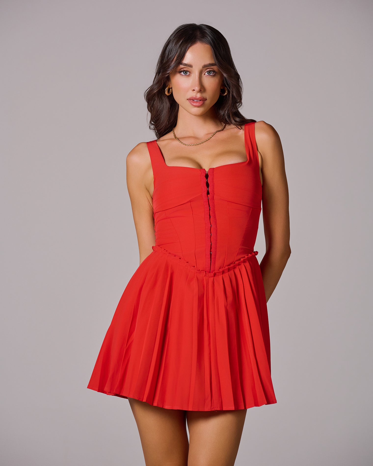 DE2624 SCARLET PLEATED MINI DRESS FOR PARTY