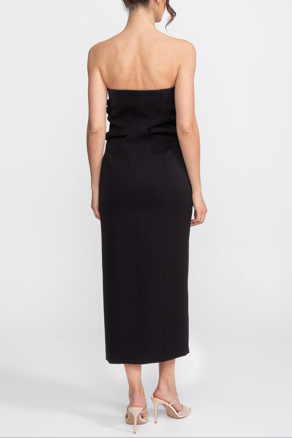BLACK KNOTTED MIDI DRESS, JEWEL BUTTONS, EVENING