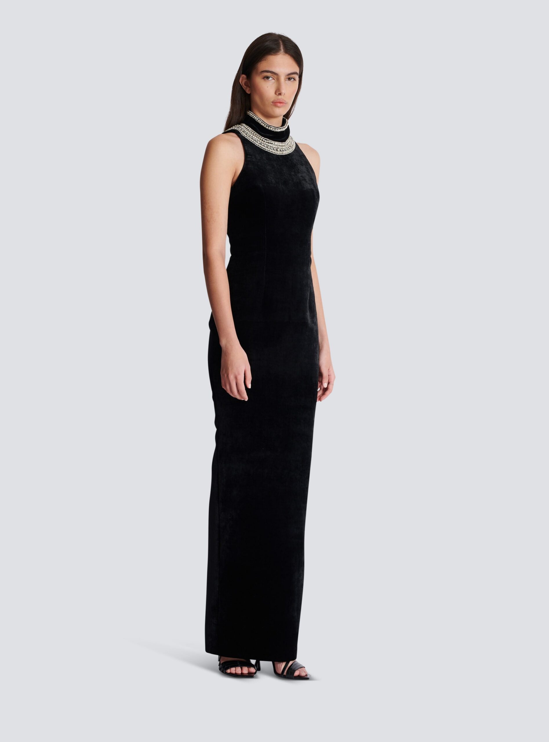EMBROIDERED VELVET HALTER MAXI DRESS, BLACK, FORMAL