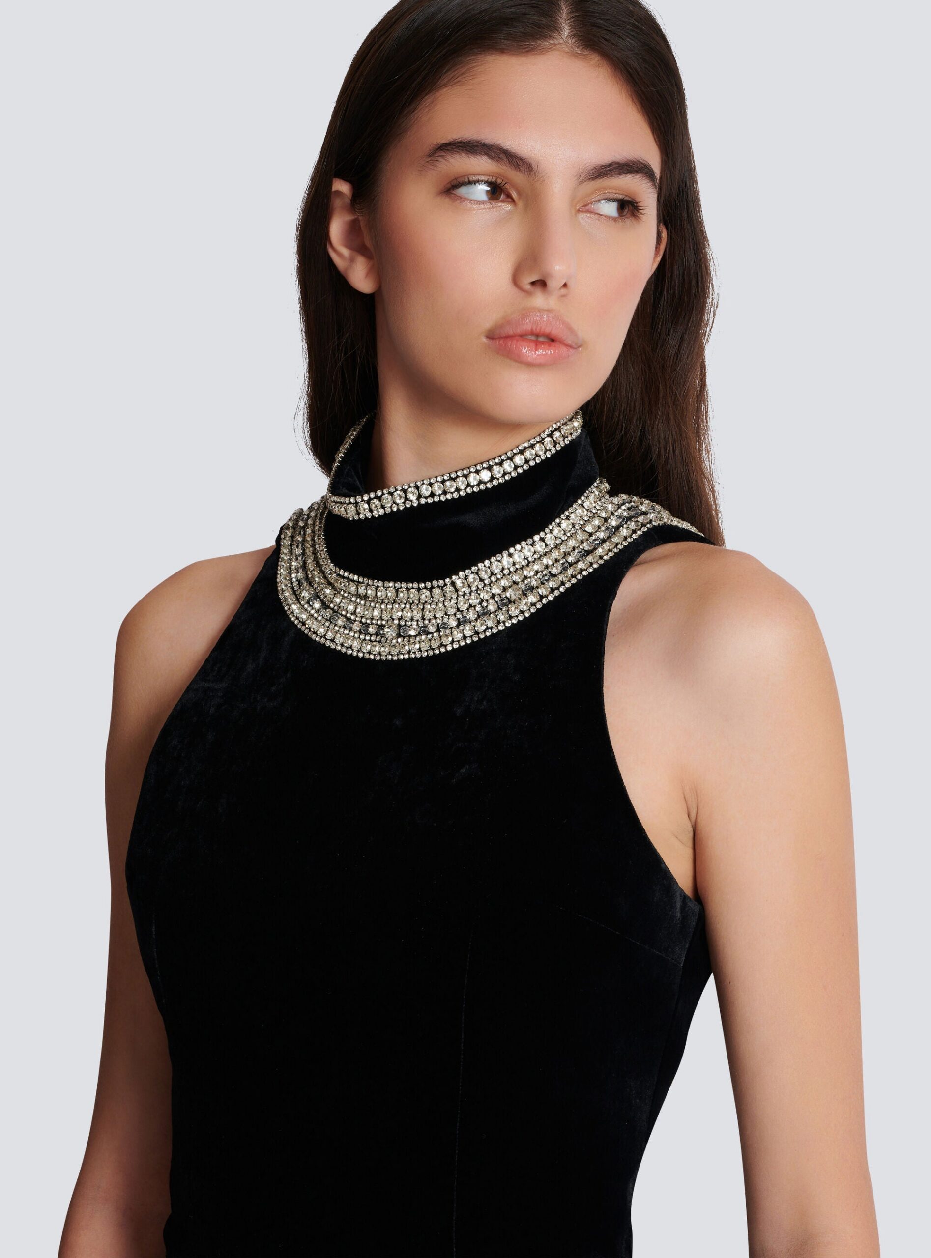 EMBROIDERED VELVET HALTER MAXI DRESS, BLACK, FORMAL