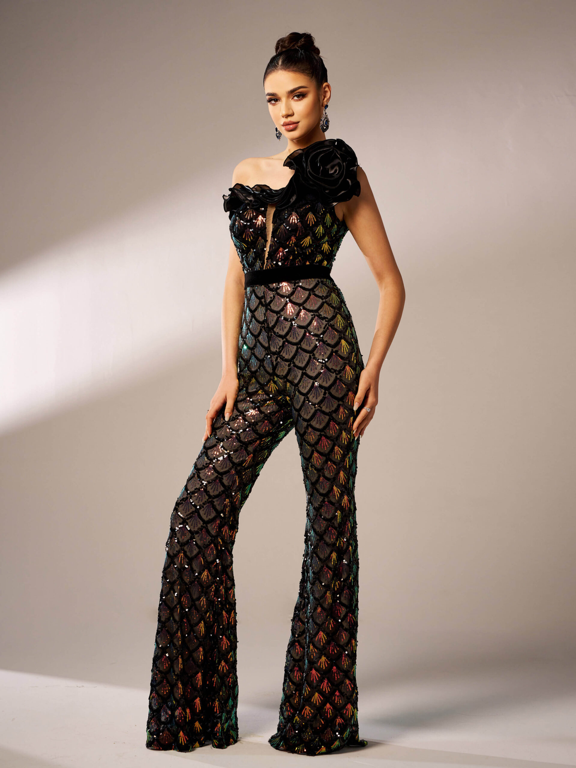 MERMAID SCALE SEQUIN ONE-SHOULDER JUMPSUIT