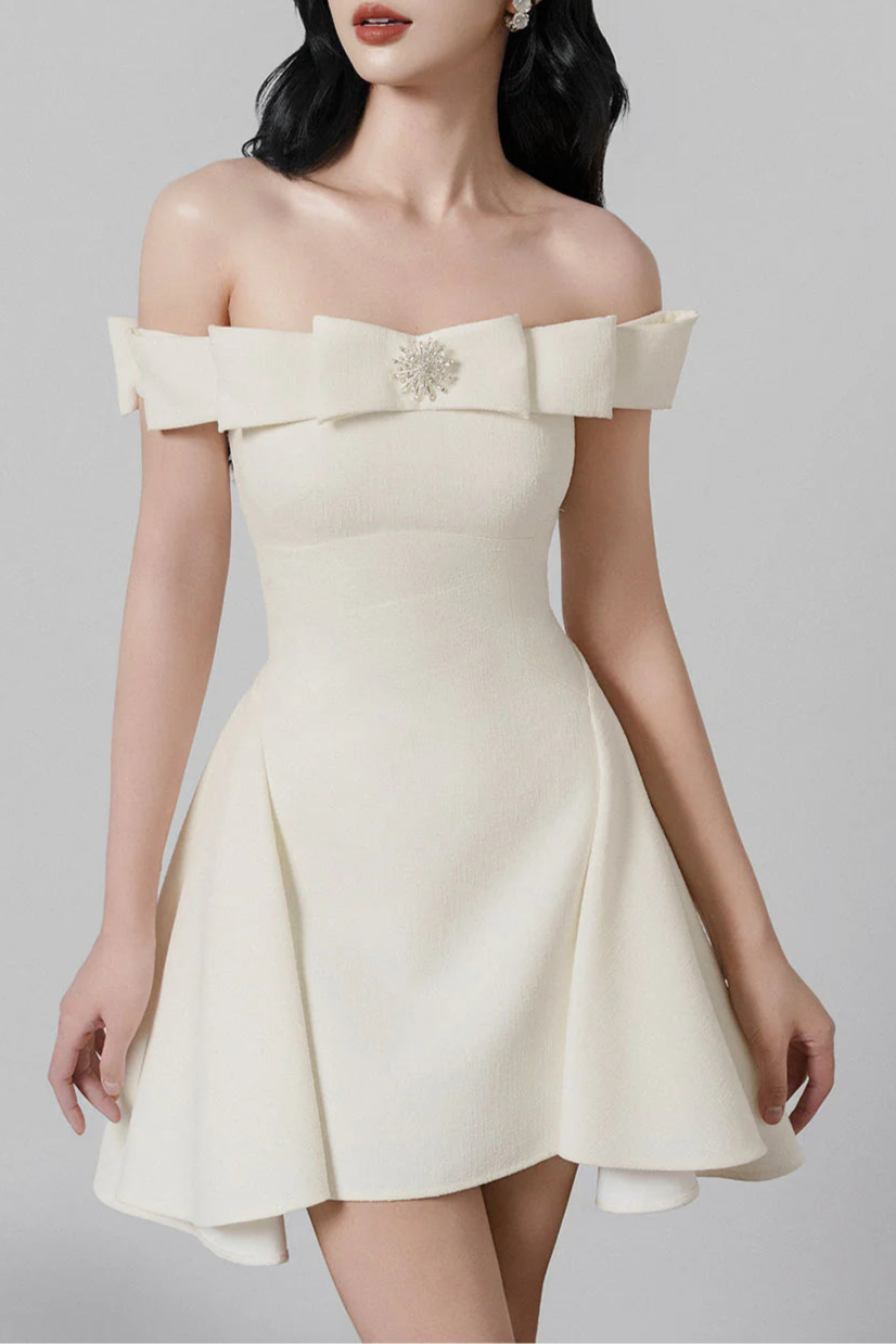 A-LINE TWEED OFF-SHOULDER MINI PARTY DRESS