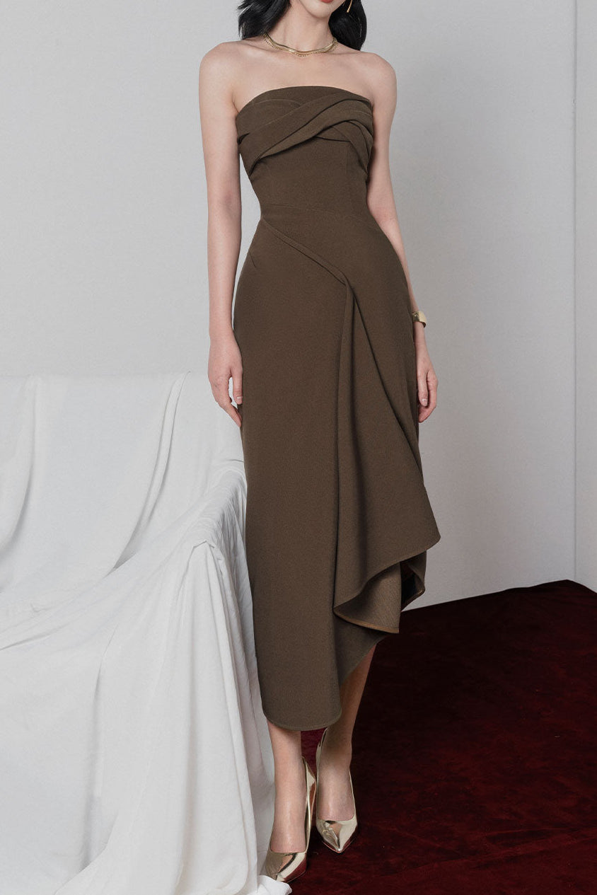 DN0727-2 ADELAIDE STRAPLESS ASYMMETRIC MIDI BROWN DRESS