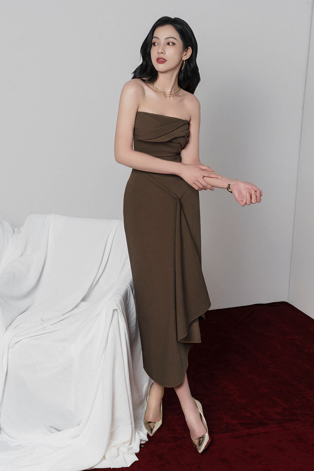 ADELAIDE STRAPLESS ASYMMETRIC MIDI BROWN DRESS