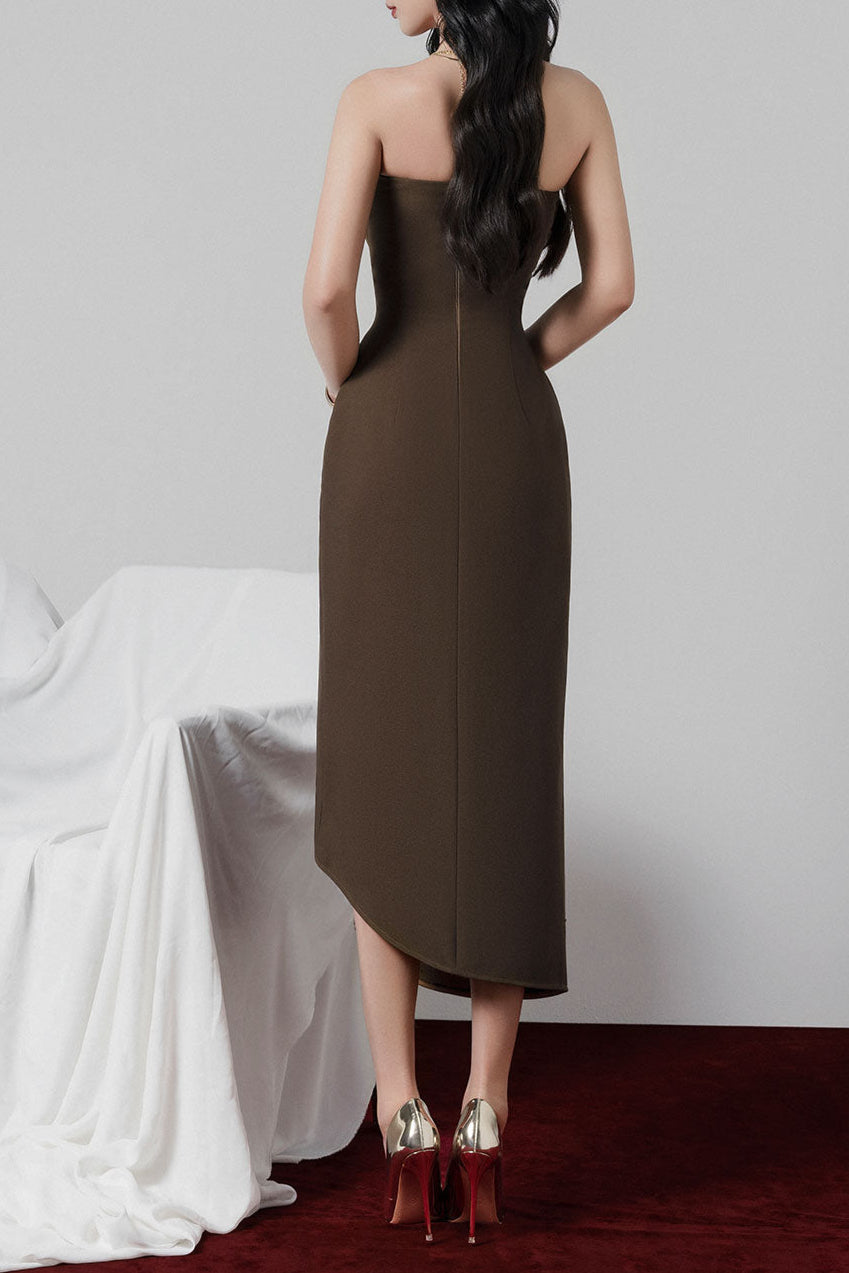 ADELAIDE STRAPLESS ASYMMETRIC MIDI BROWN DRESS