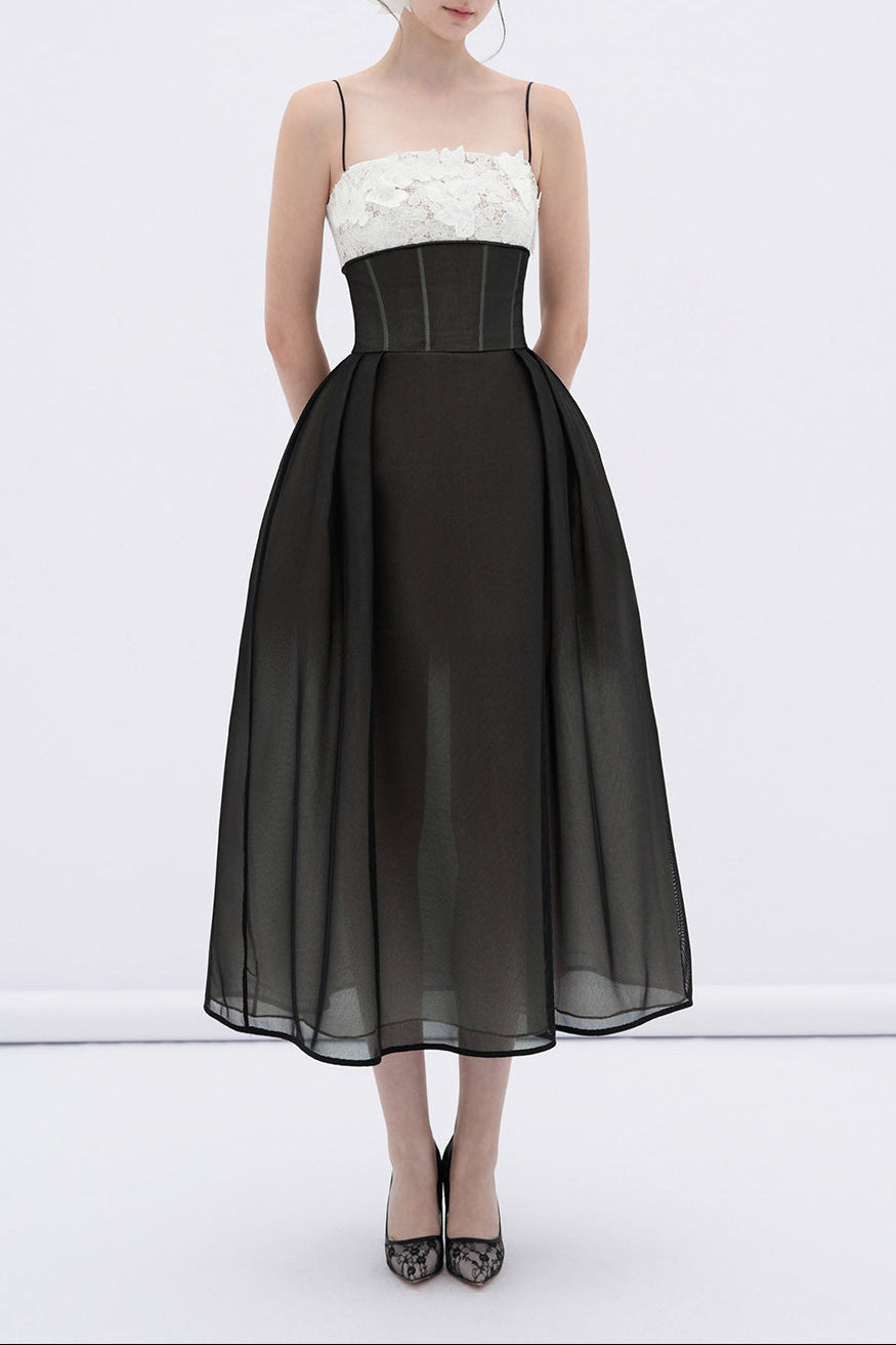 VELA A-LINE CORSET MESH MIDI DRESS