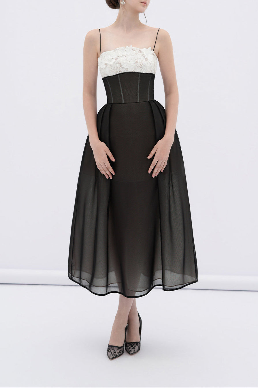 VELA A-LINE CORSET MESH MIDI DRESS