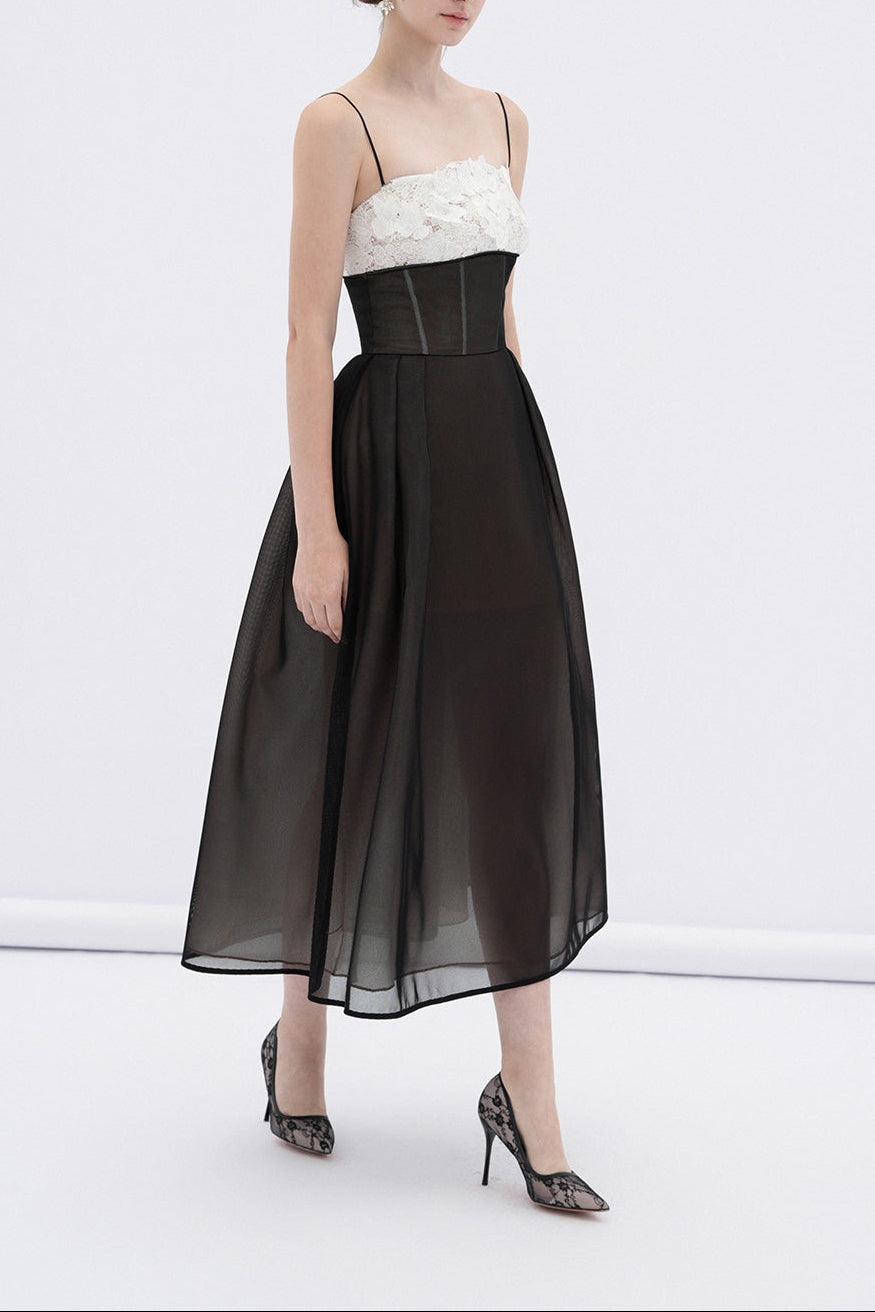 VELA A-LINE CORSET MESH MIDI DRESS