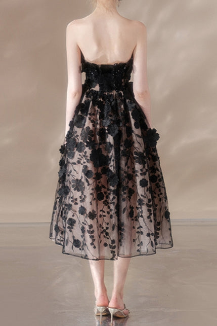 ANNA CRYSTAL FLORAL EMBROIDERY BLACK MIDI DRESS