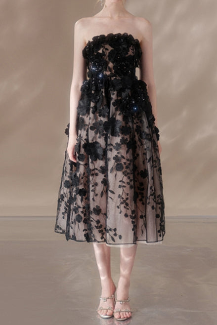 ANNA CRYSTAL FLORAL EMBROIDERY BLACK MIDI DRESS