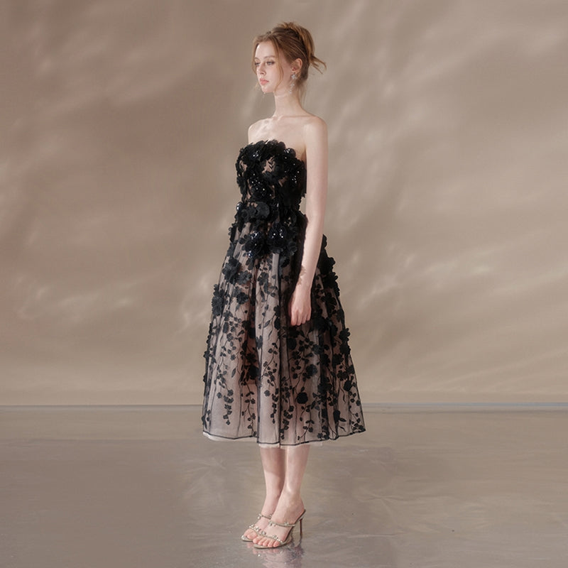ANNA CRYSTAL FLORAL EMBROIDERY BLACK MIDI DRESS