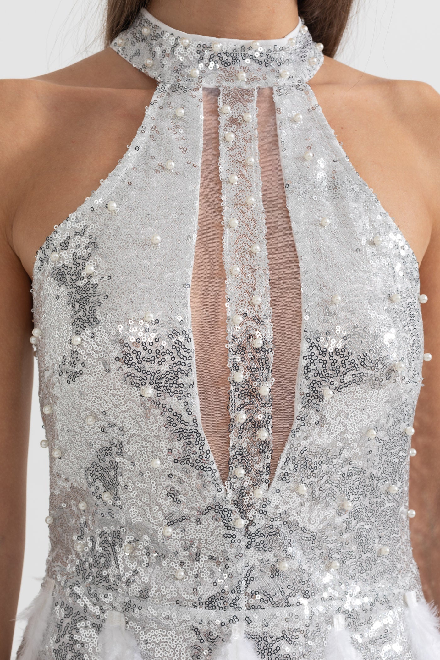 SILVER SEQUIN FEATHER CUTOUT MINI DRESS - PARTY