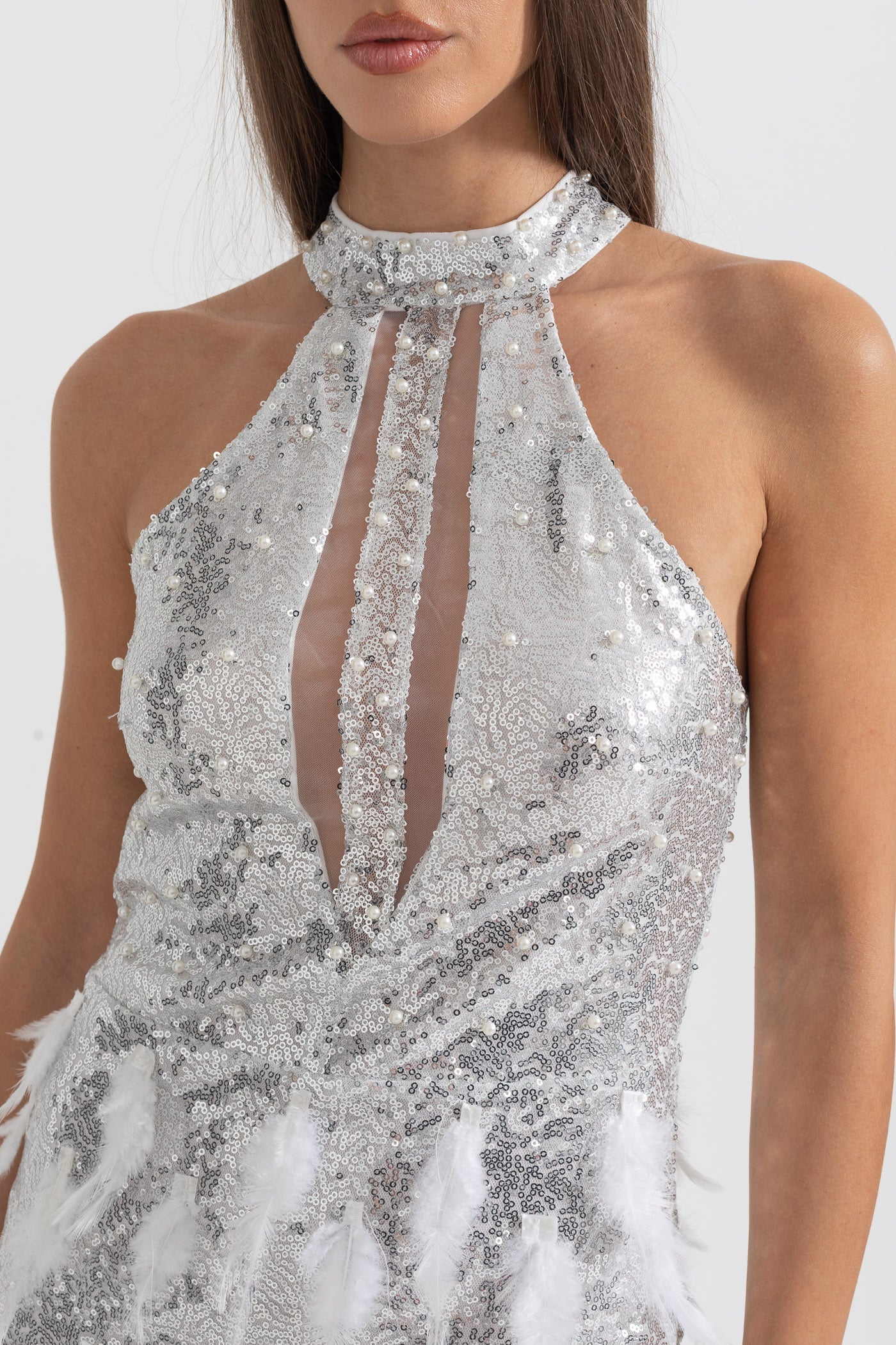 SILVER SEQUIN FEATHER CUTOUT MINI DRESS - PARTY