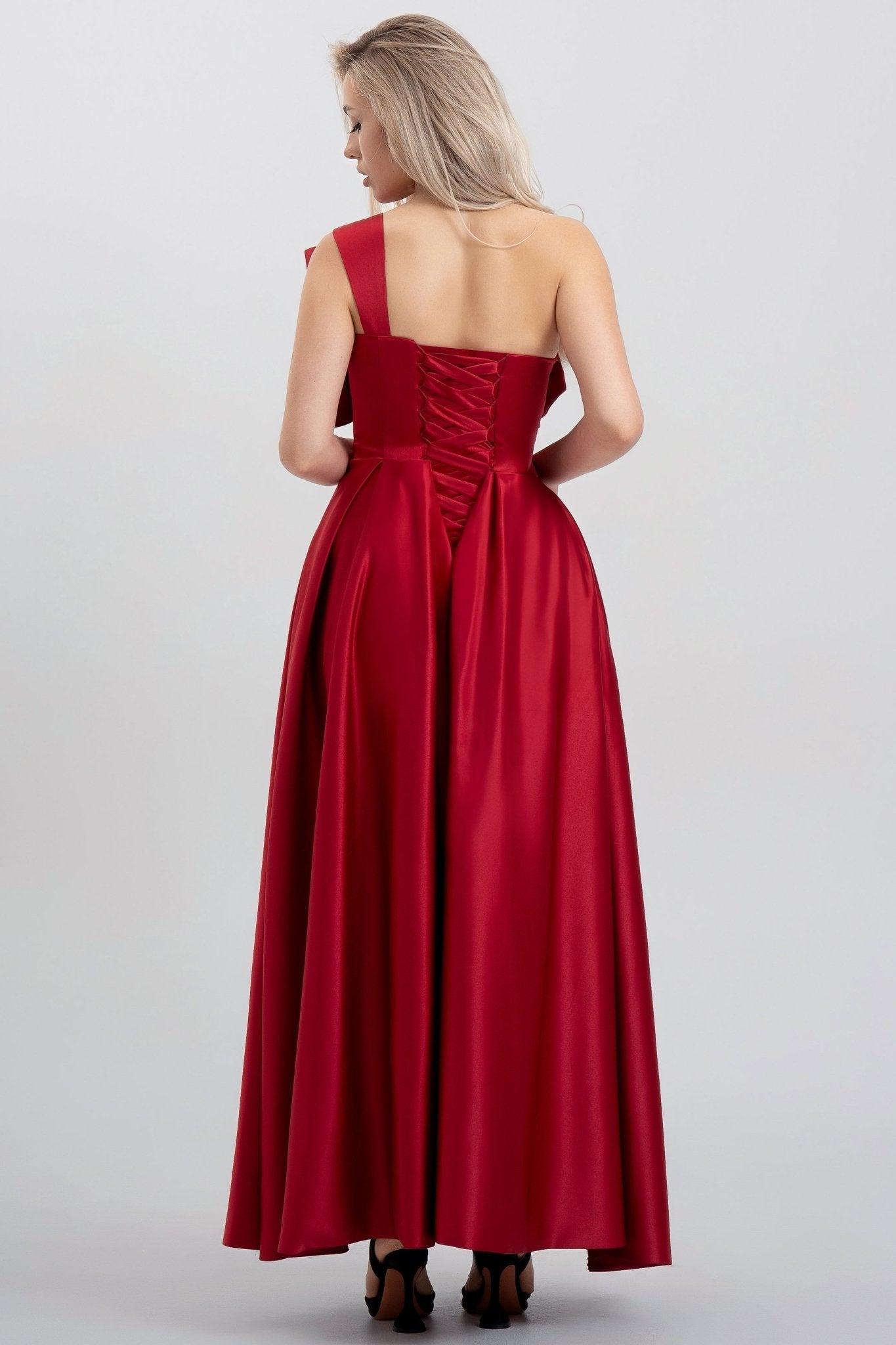 BOW ONE-SHOULDER RED MAXI DRESS FOR EVENTS