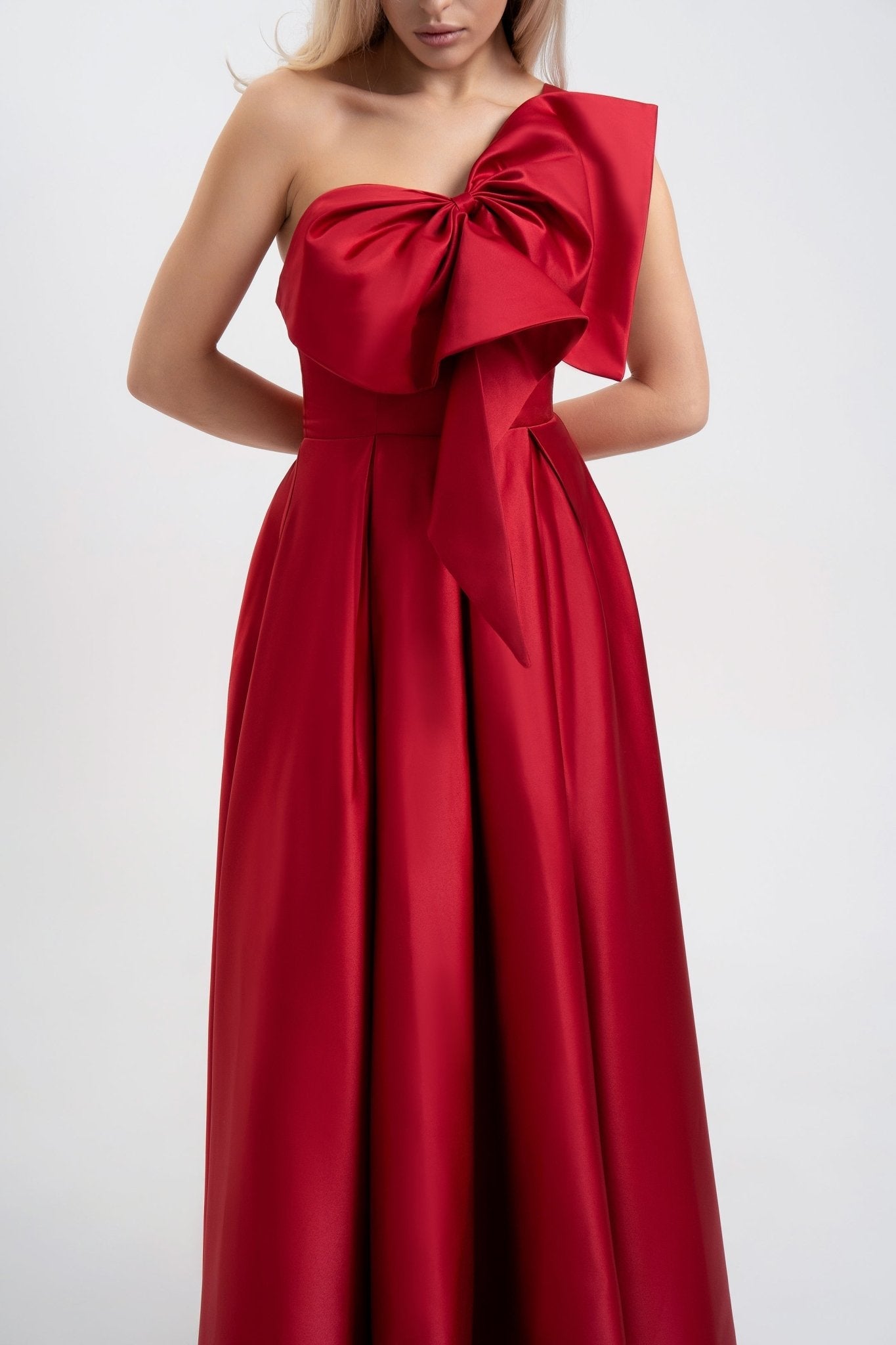BOW ONE-SHOULDER RED MAXI DRESS FOR EVENTS