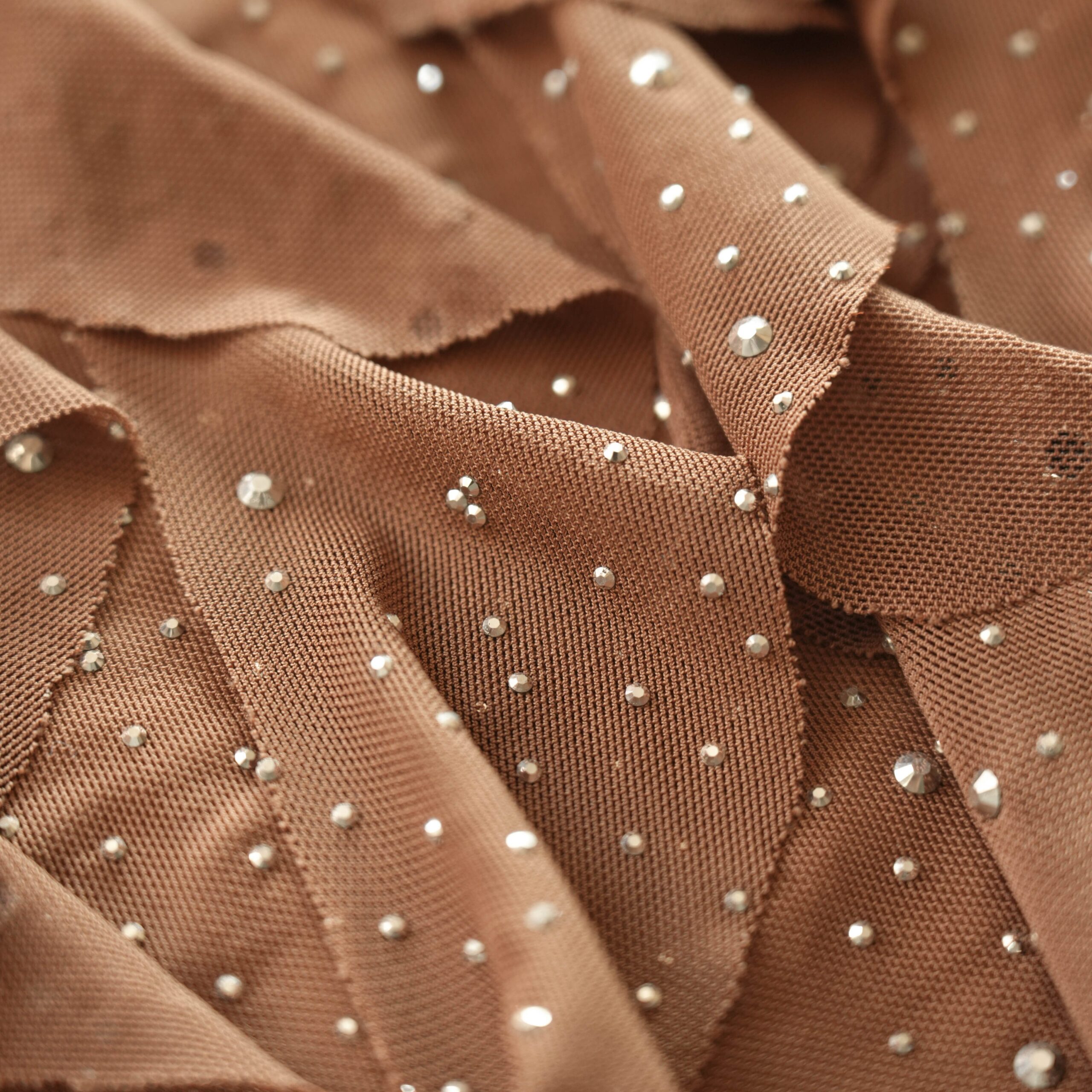 SHIMMERING BROWN STRAPLESS MINI DRESS, RHINESTONE RUFFLE PARTY