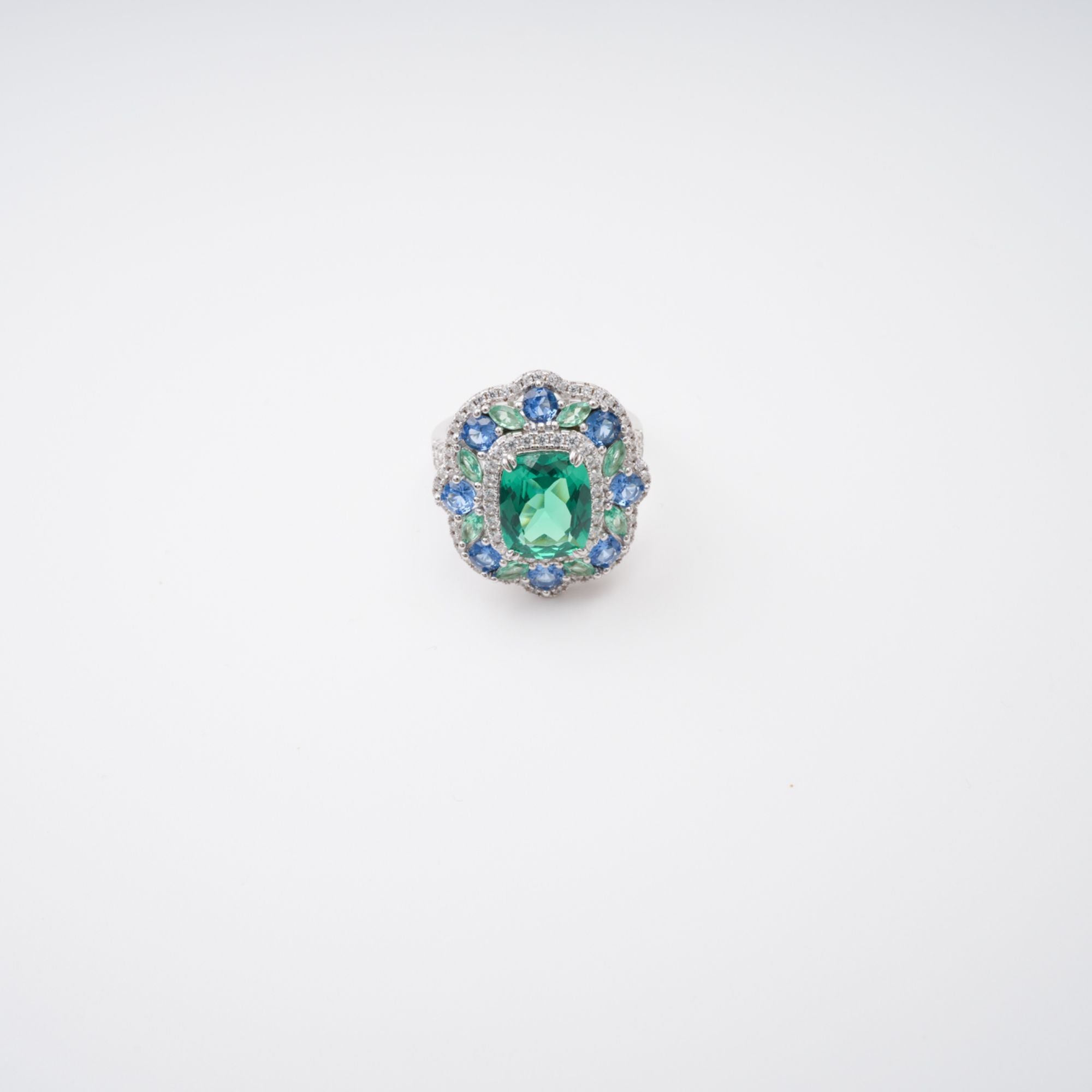 CLÉMENCE EMERALD CUT GREEN GEMSTONE SILVER RING