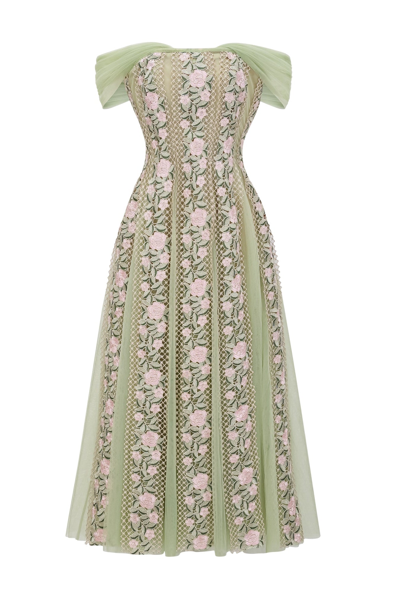 OCTAVIA FLORAL TULLE MIDI DRESS, GREEN