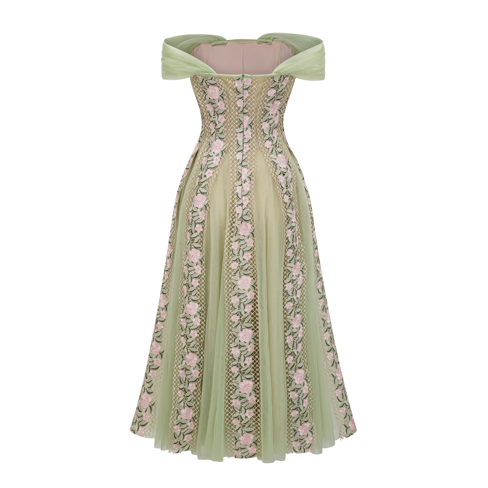 OCTAVIA FLORAL TULLE MIDI DRESS, GREEN
