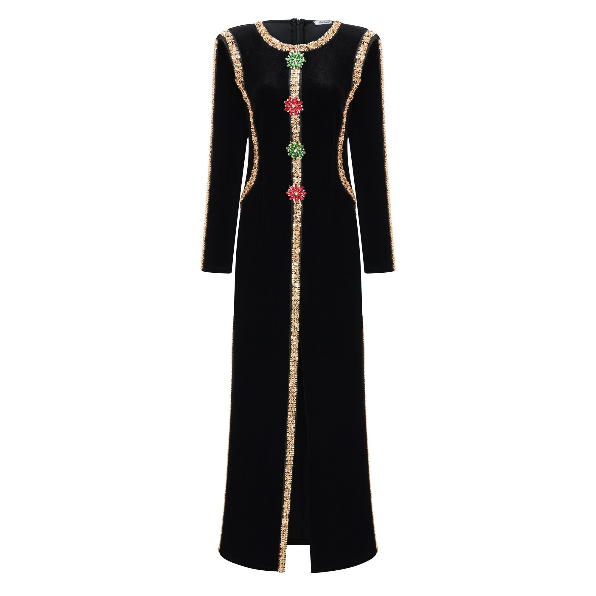 LYDIA BLACK CRYSTAL MAXI DRESS, FRONT SLIT, EVENING