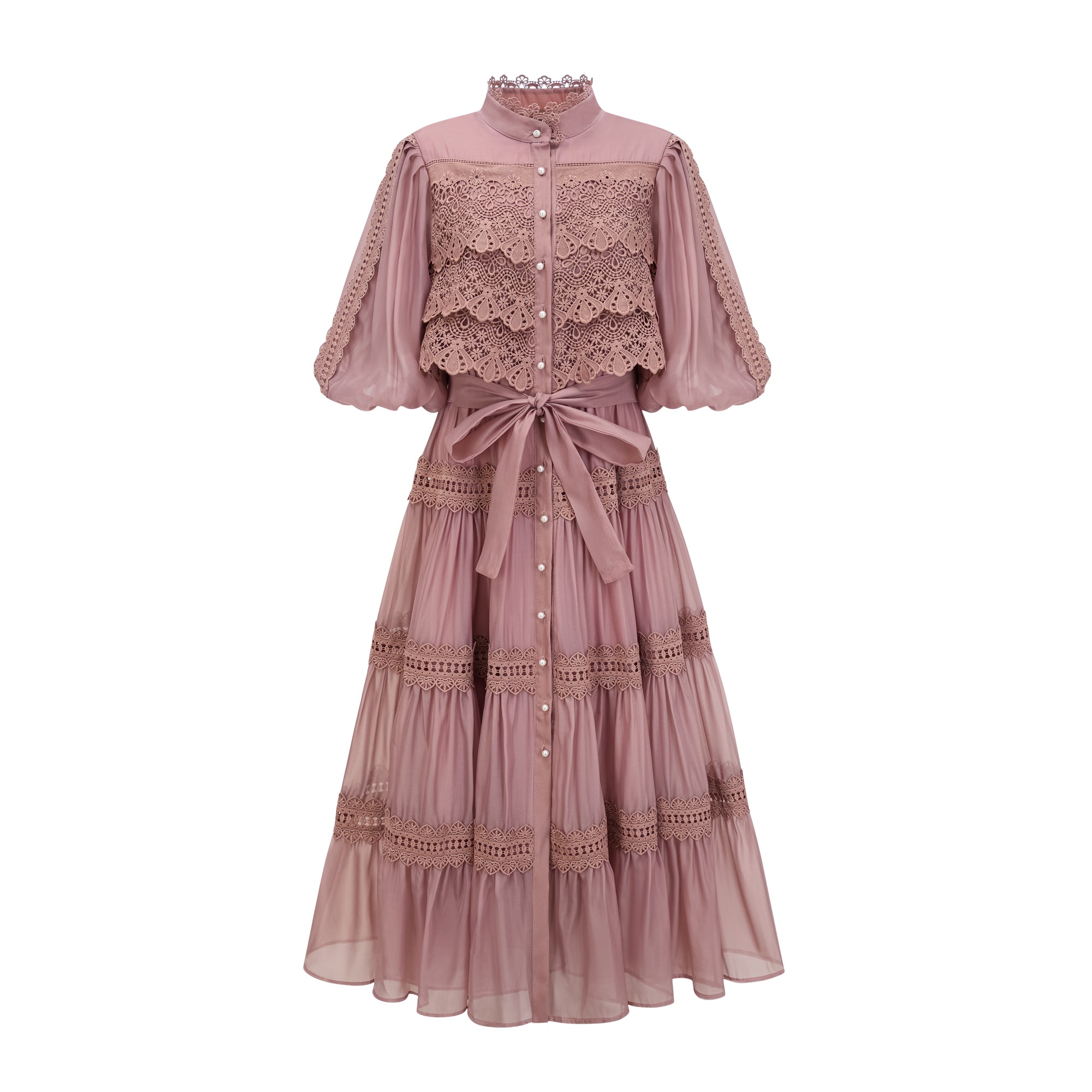 INÈS LACE CUT-OUT TIERED MIDI DRESS