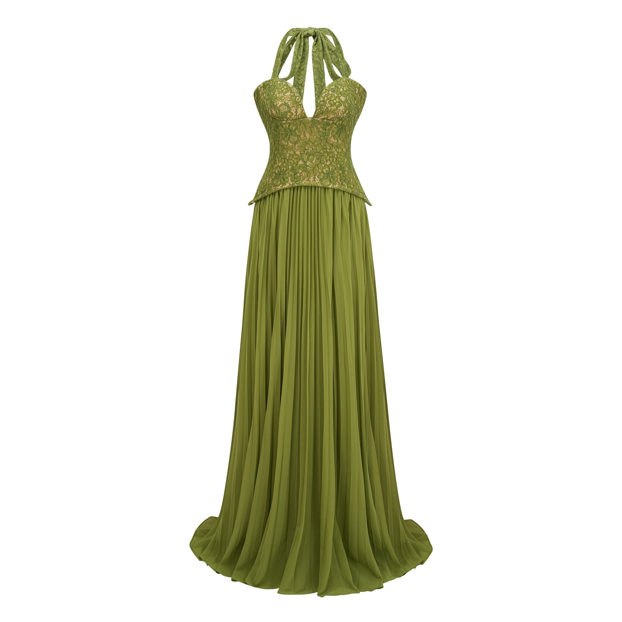 EMERALD LACE FISHBONE CORSET GOWN, PLEATED SILHOUETTE