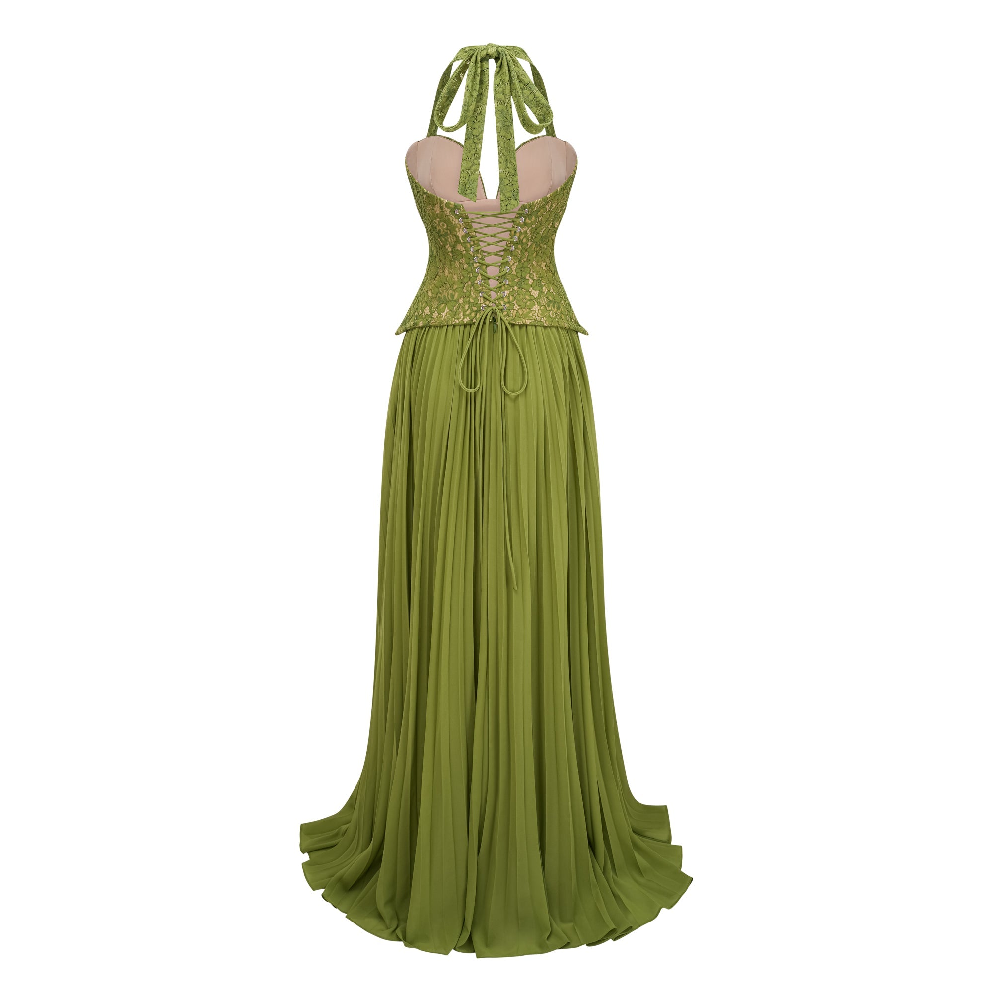 EMERALD LACE FISHBONE CORSET GOWN, PLEATED SILHOUETTE
